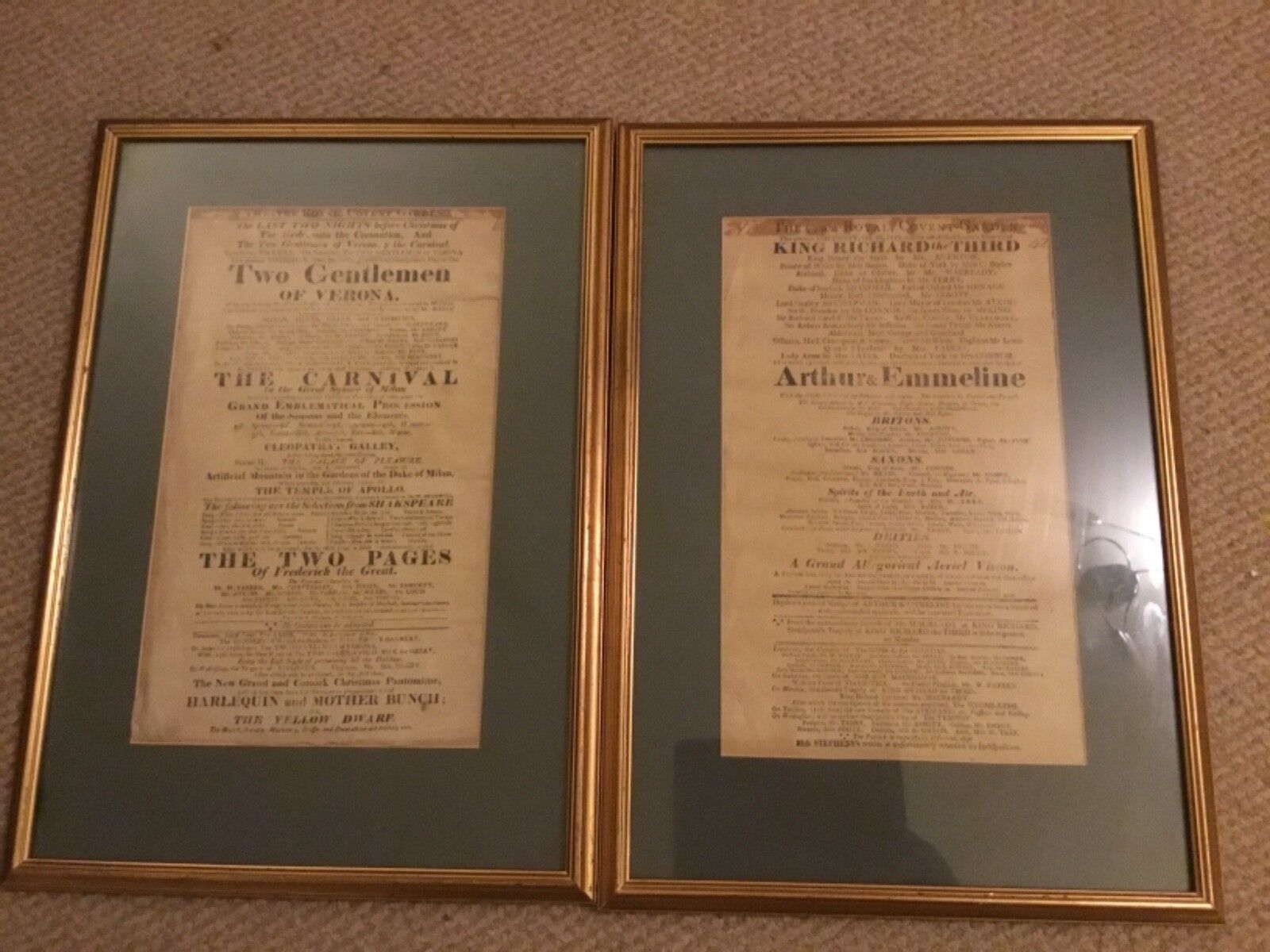 Two 19th century Theatre Royal  Covent Garden Shakespeare fliers 1819,1821 
