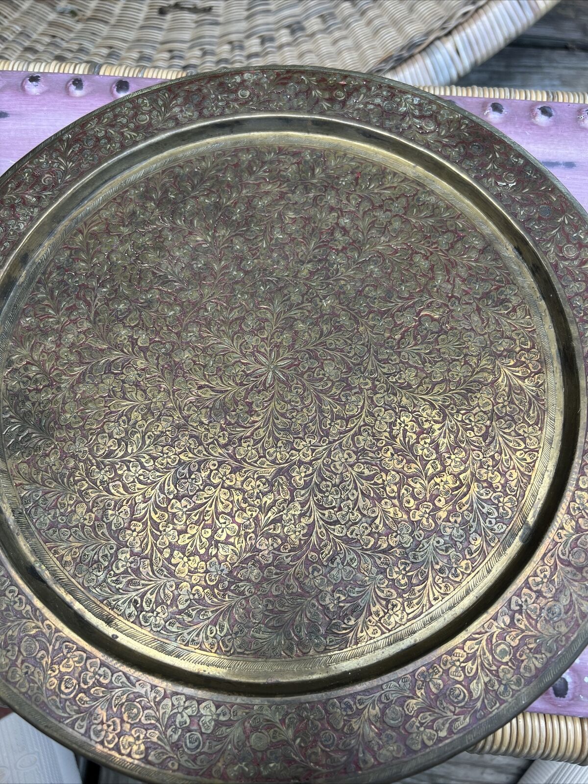 Islamic Design Brass Plate, Intricate India  Antique Kajco 13.5”