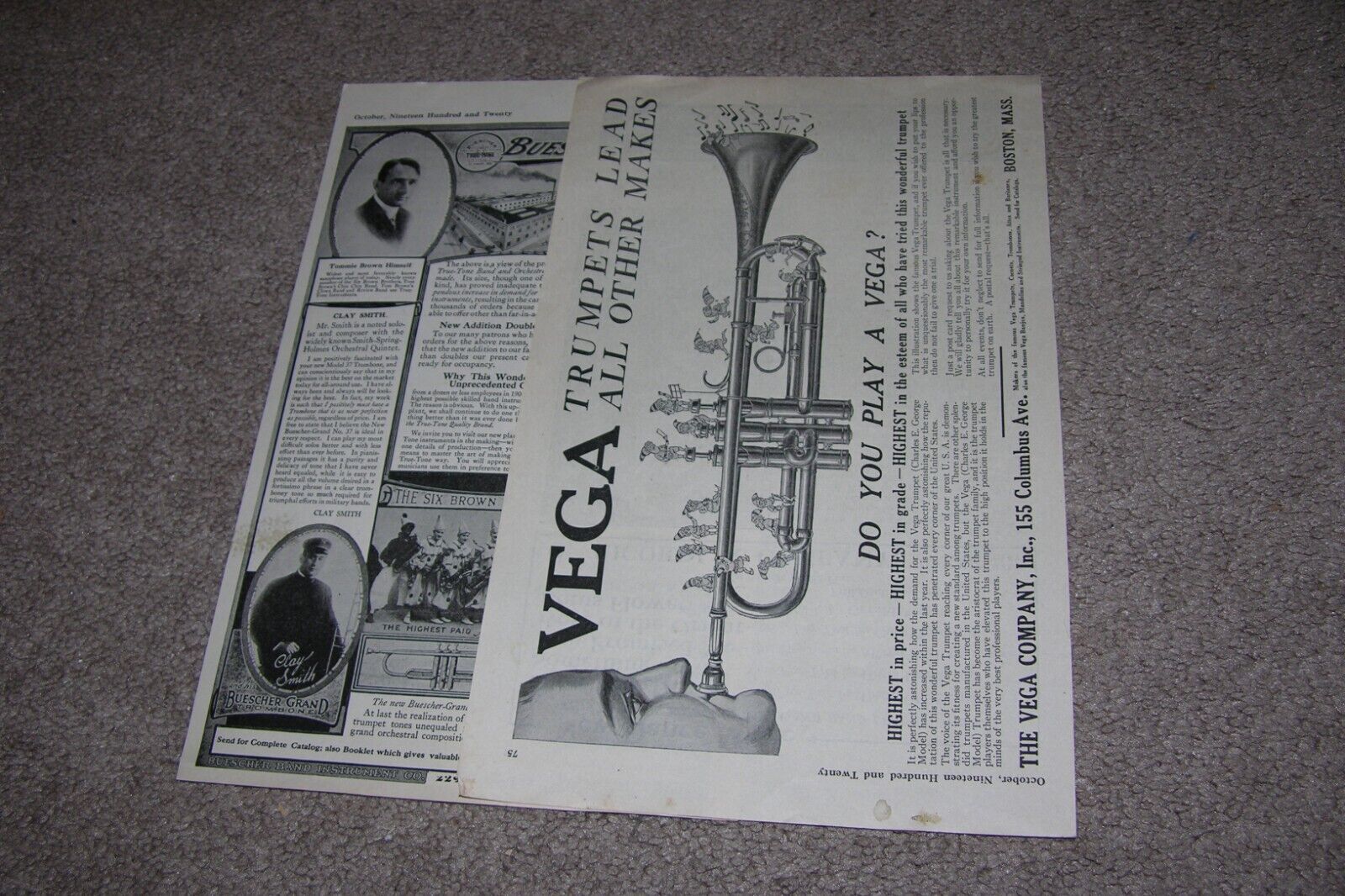 1920 Vega & Buescher Trumpet Musical Instruments Print Ads