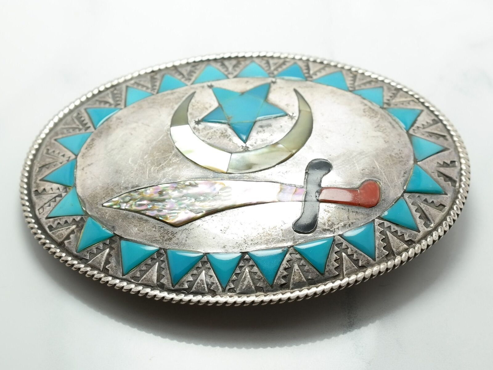 Vintage Zuni Masonic Multi Gem Inlay Belt Buckle
