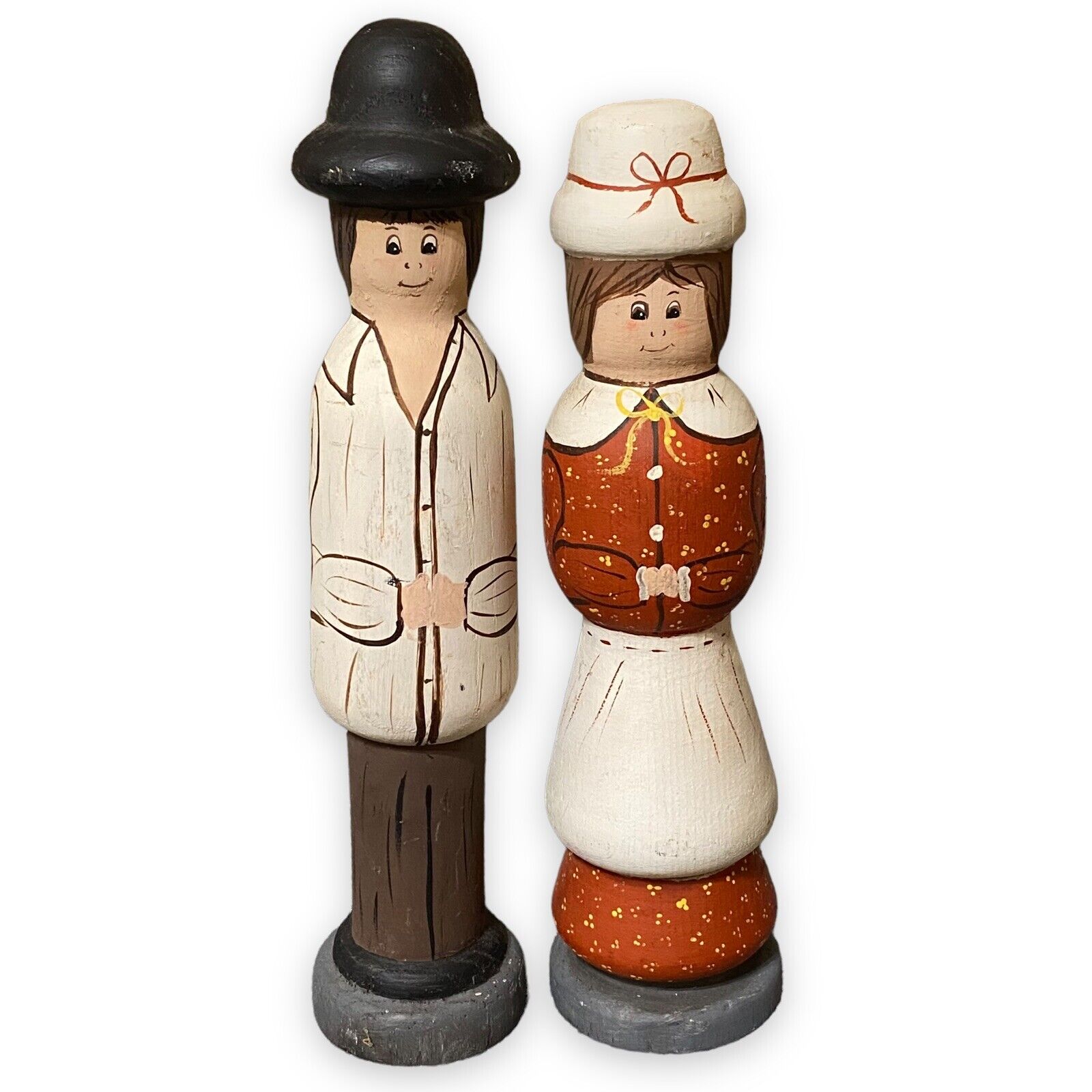 Pilgrim Couple Wooden Folk Art Vintage Thanksgiving Figures 11”
