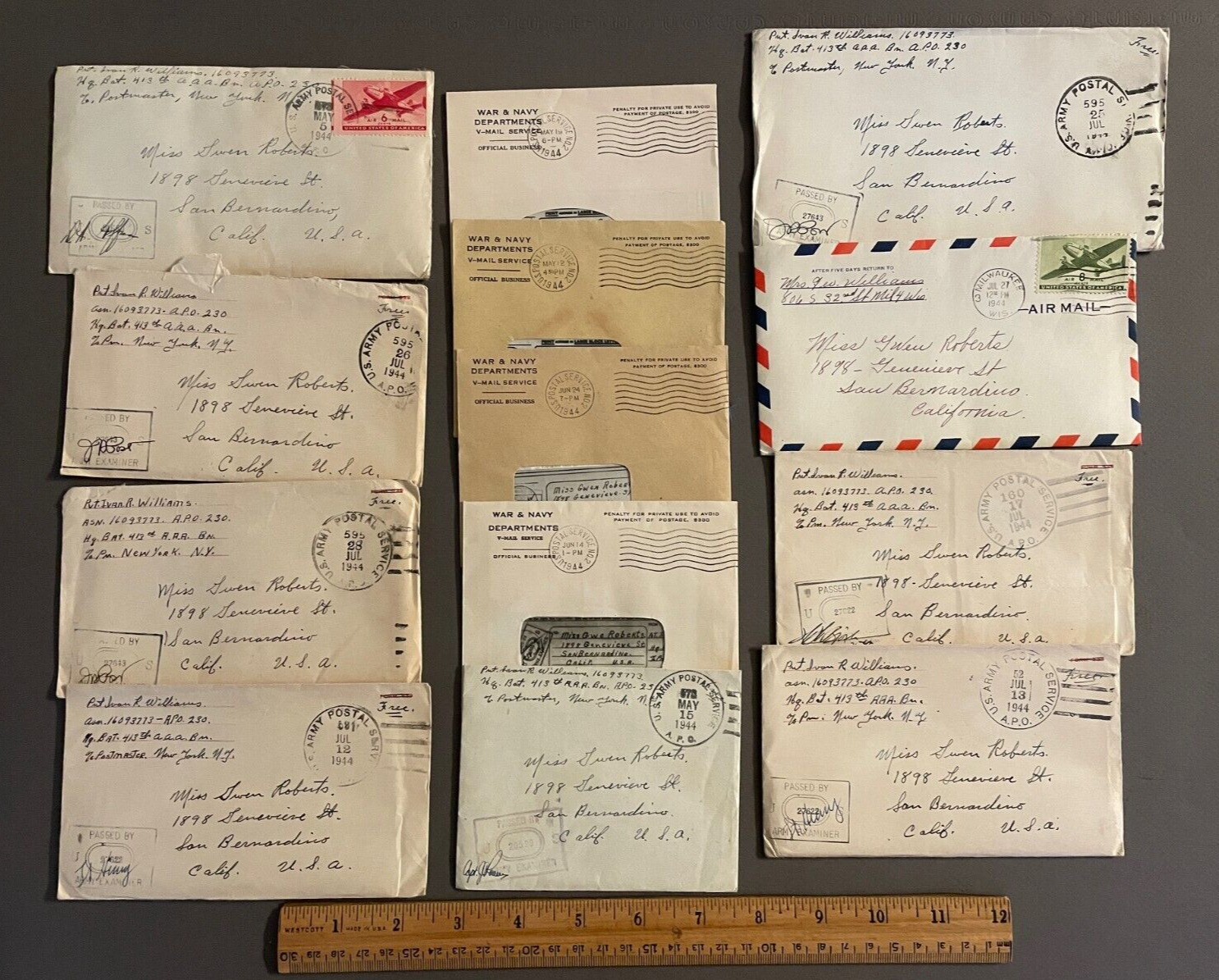 13 WWII ERA MILITARY SOLDIER LETTERS TO MISS. GWEN ROBERTS MAY-JULY 1944 LOT 12