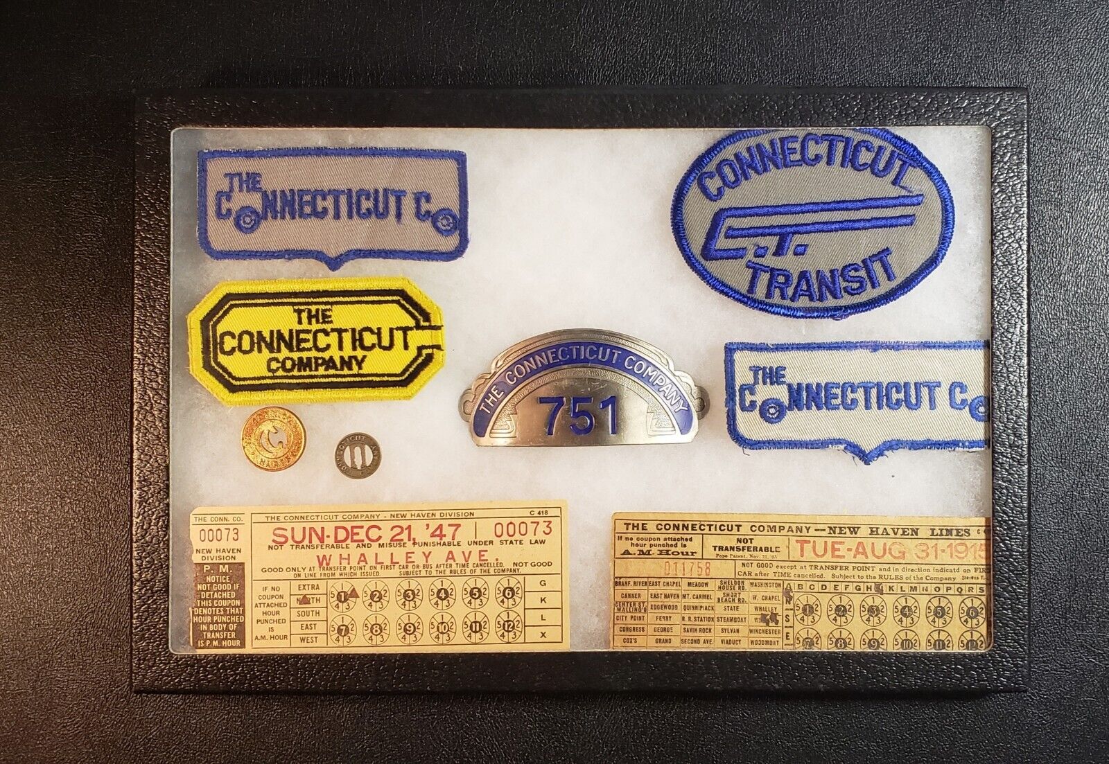 The Connecticut Company Hat Badge W/ Transfers, Patches, Tokens In Display Case