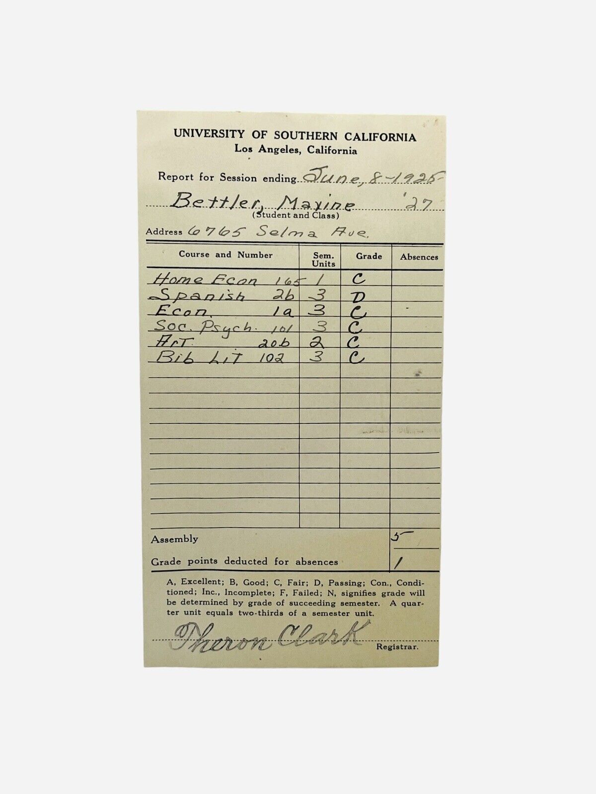 Vintage USC Trojans 1925 REPORT CARD University College Maxine Bettler Theta Xi