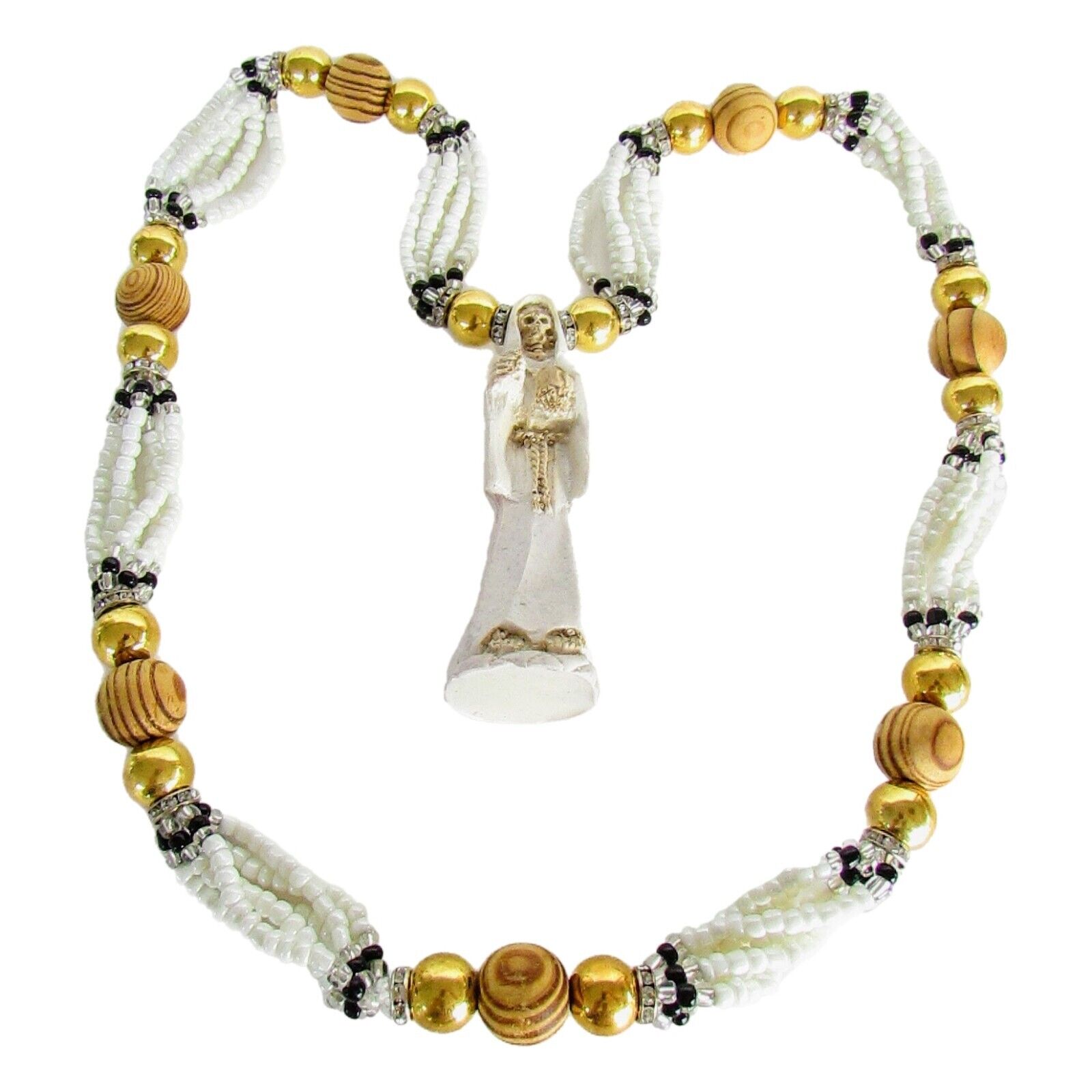 Santa Muerte Blanca Collar 6 Hilo Madera / Holy Death 6 String Statue Necklace