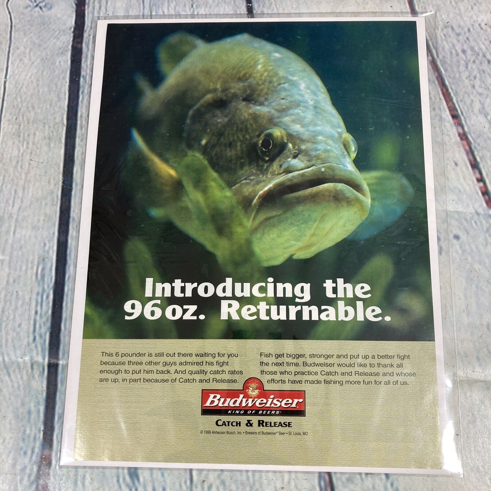Vtg 1999 Budweiser Beer Catch & Release Fishing Magazine Advertisement Print Ad