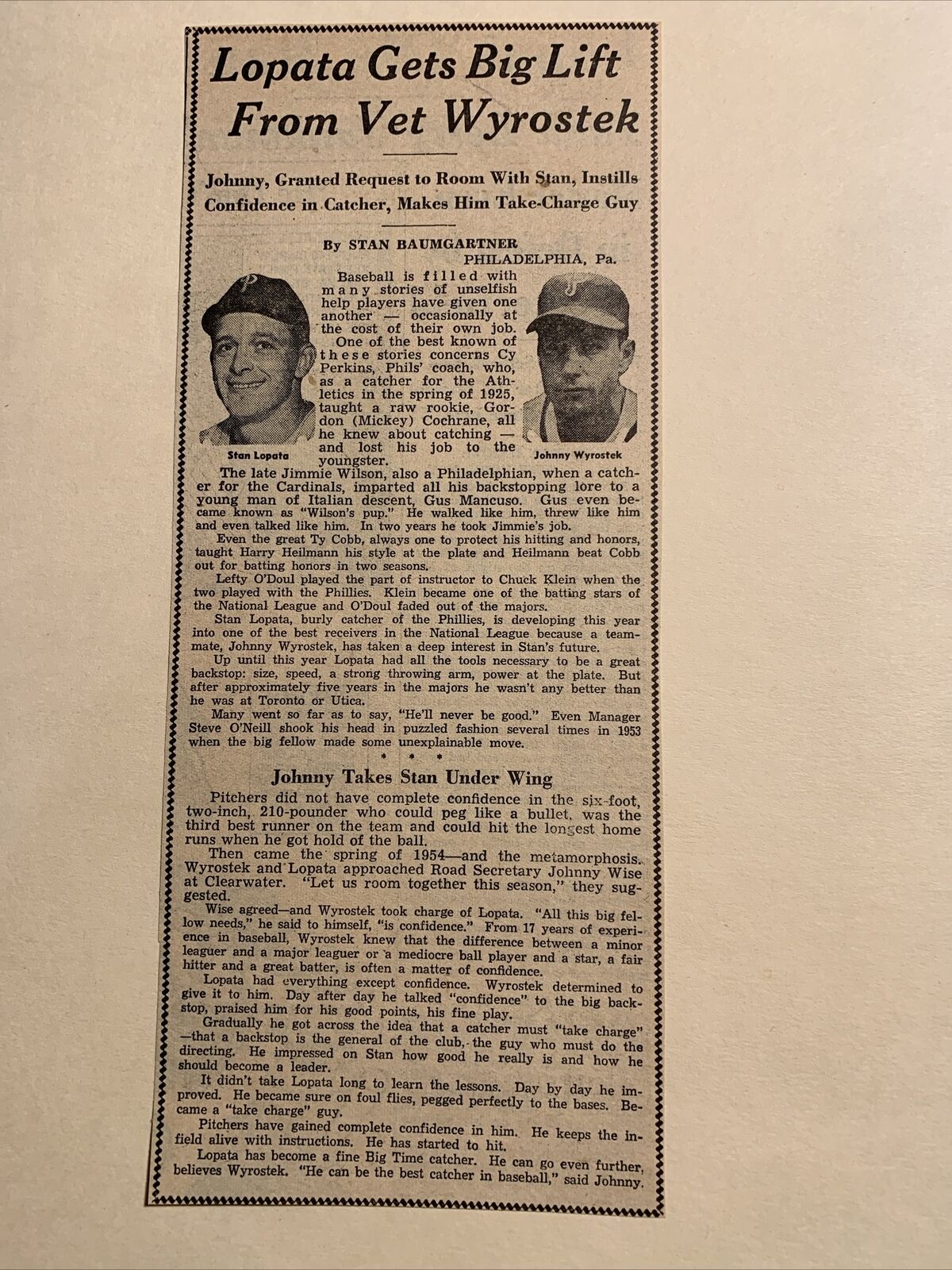 Stan Lopata Johnny Wyrostek Phillies 1954 Sporting News Baseball 4X10 Panel