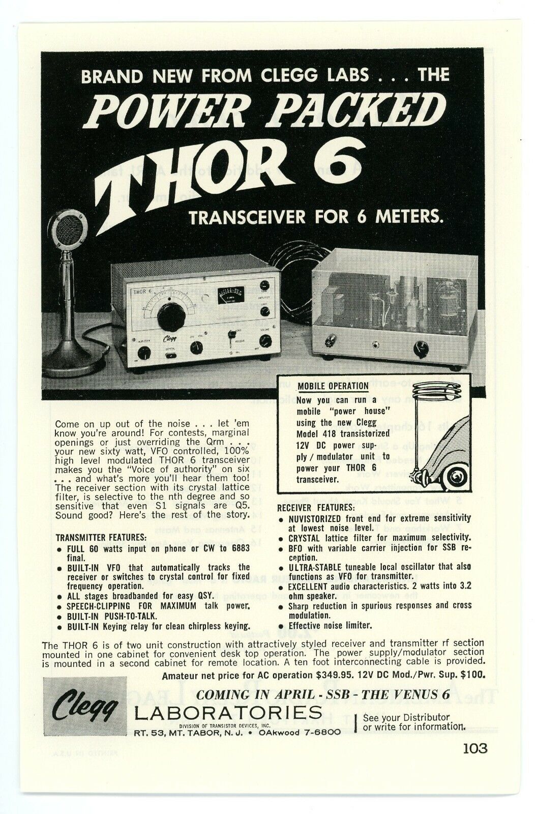 QST Ham Radio Magazine Print Ad New From CLEGG LABS...THOR 6 Transceiver (3/63)