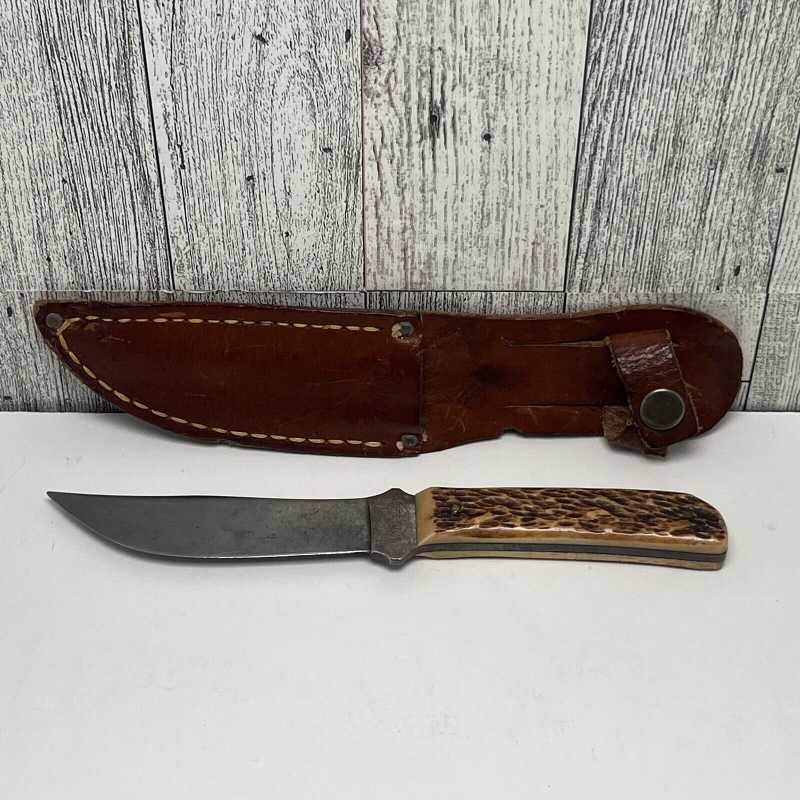 Vintage KINFOLKS #6161 Fixed Blade Stag Hunting Knife w/ Leather Sheath