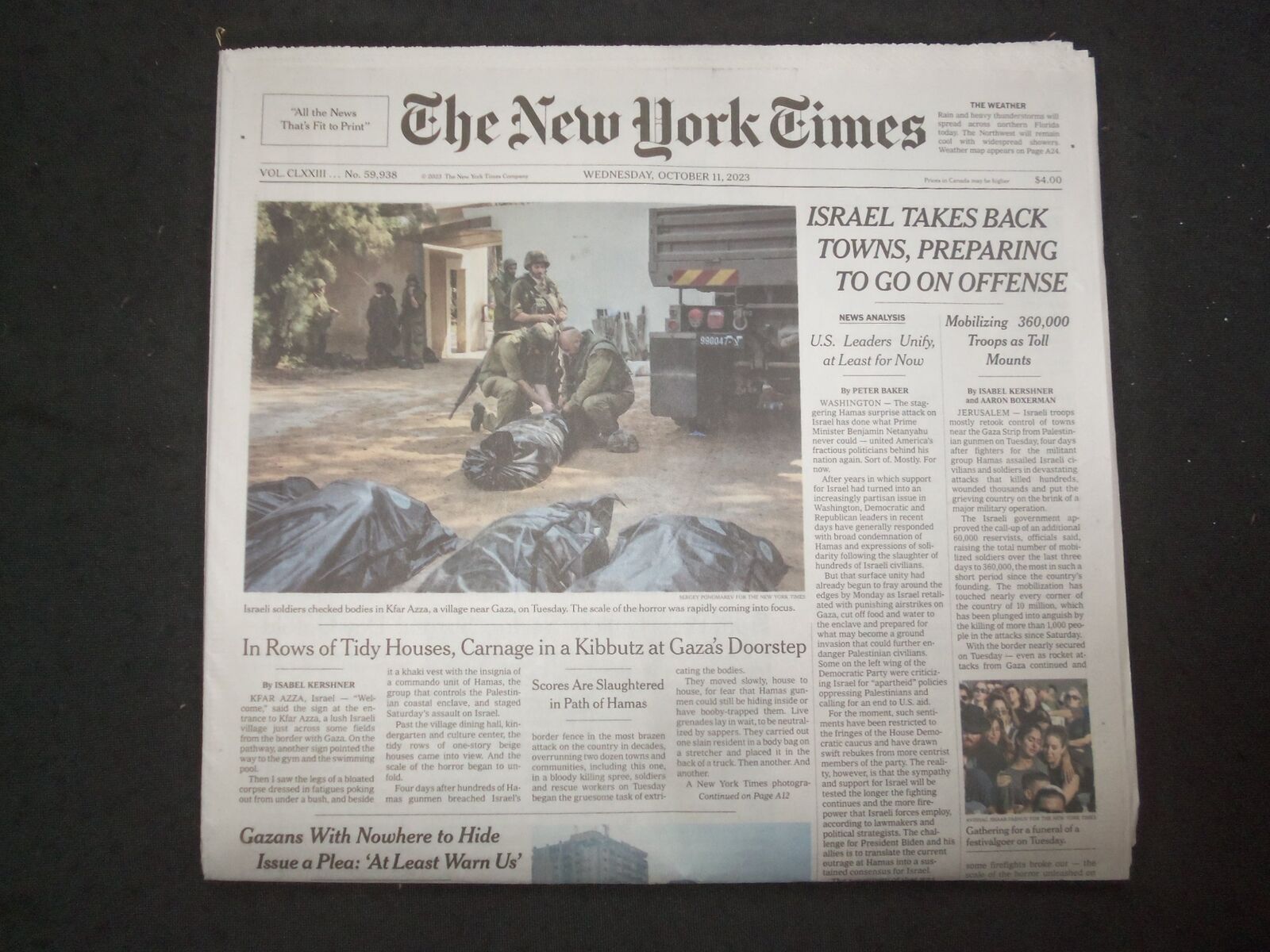 2023 OCTOBER 11 NEW YORK TIMES- ISRAEL TAKES BACK TOWNS, PREPARING TO GO OFFENSE
