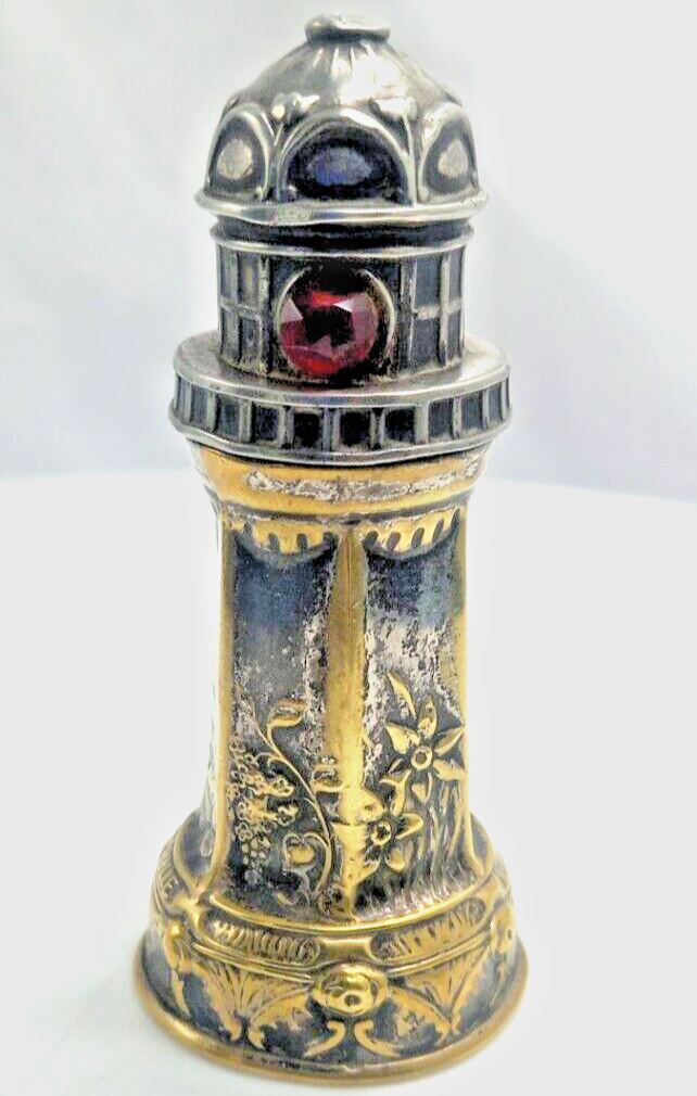 ANTIQUE DRALLE ILLUSION LIGHTHOUSE PERFUME SILVER PLATED HOLDER w/GLASS c1910 g.