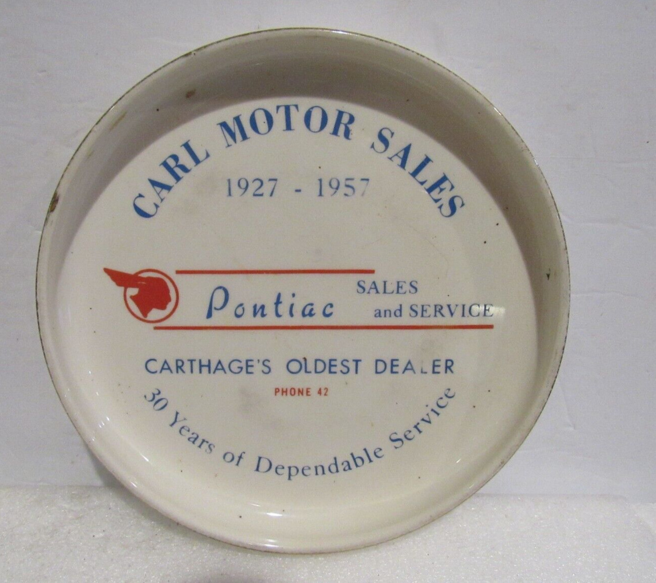 Vintage Ashtray Carl Motor Sales Pontiac 27-57 Carthage Two Digit Phone Ceramic