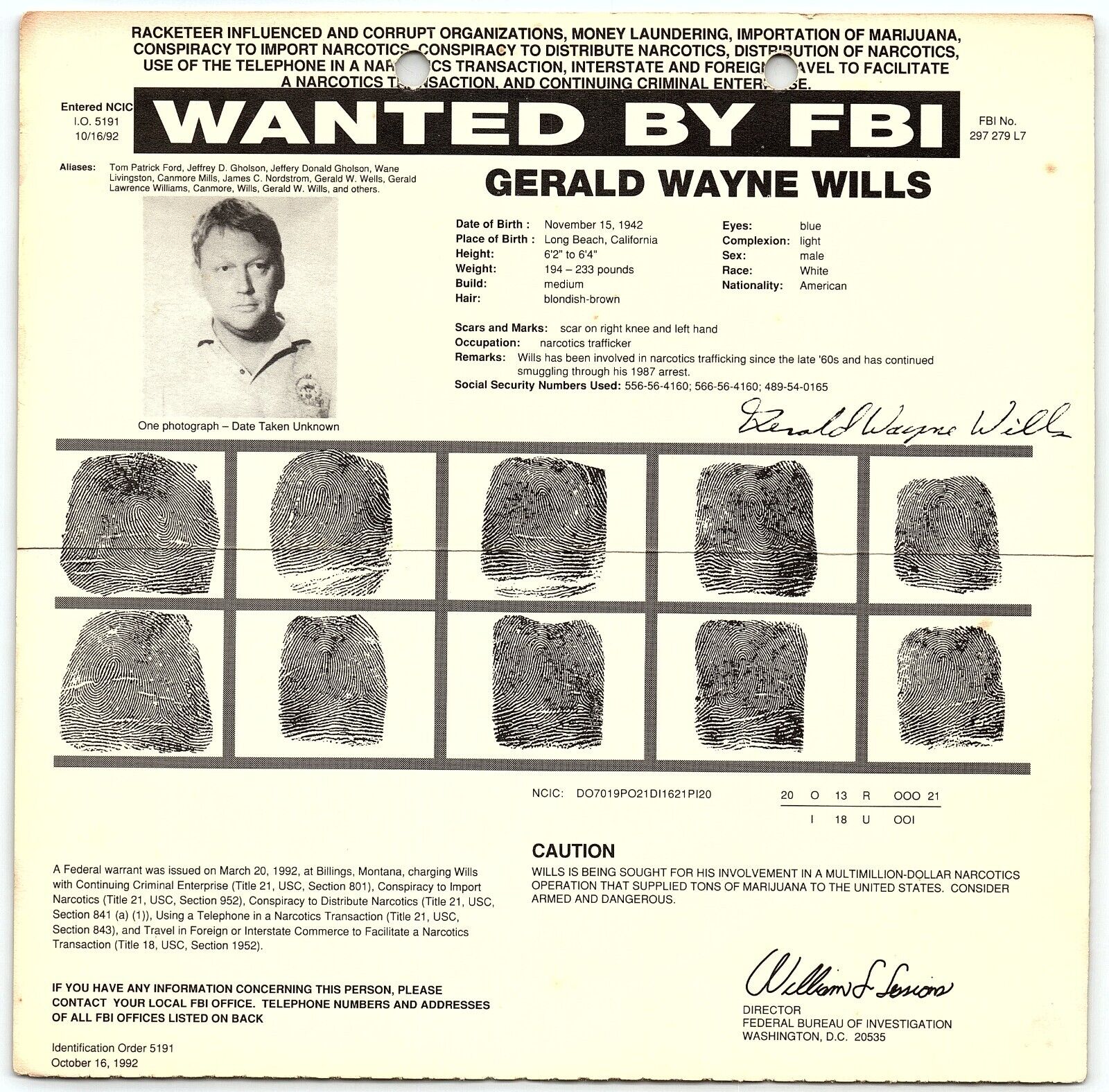 1992 FBI WANTED POSTER GERALD WAYNE WILLS MULTIMILLION NARCOTICS TRAFFIC Z4979