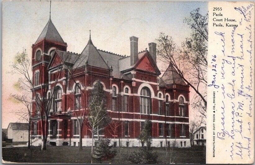 1907 PAOLA, Kansas Postcard MIAMI COUNTY COURT HOUSE Building View / Curteich