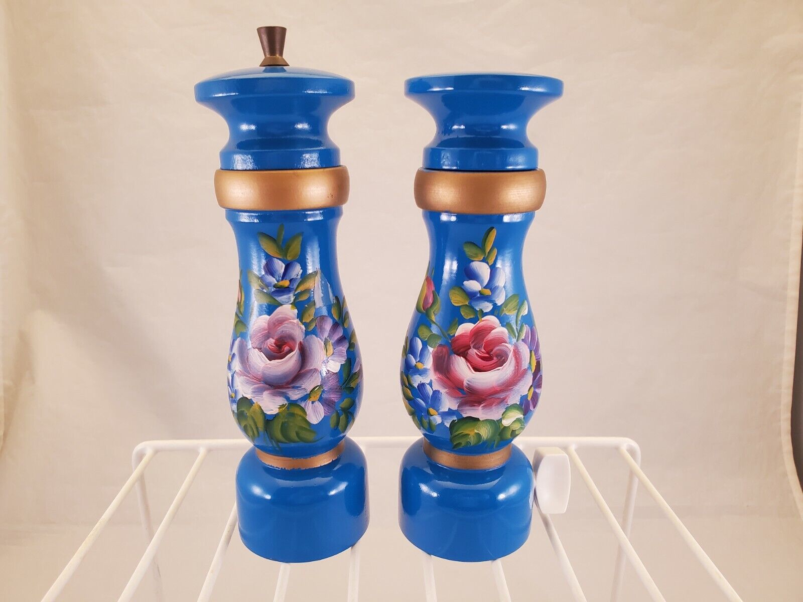 Denmark Wood Hand Painted Bright Blue Floral Saltshaker and Pepper Mill AH RARE
