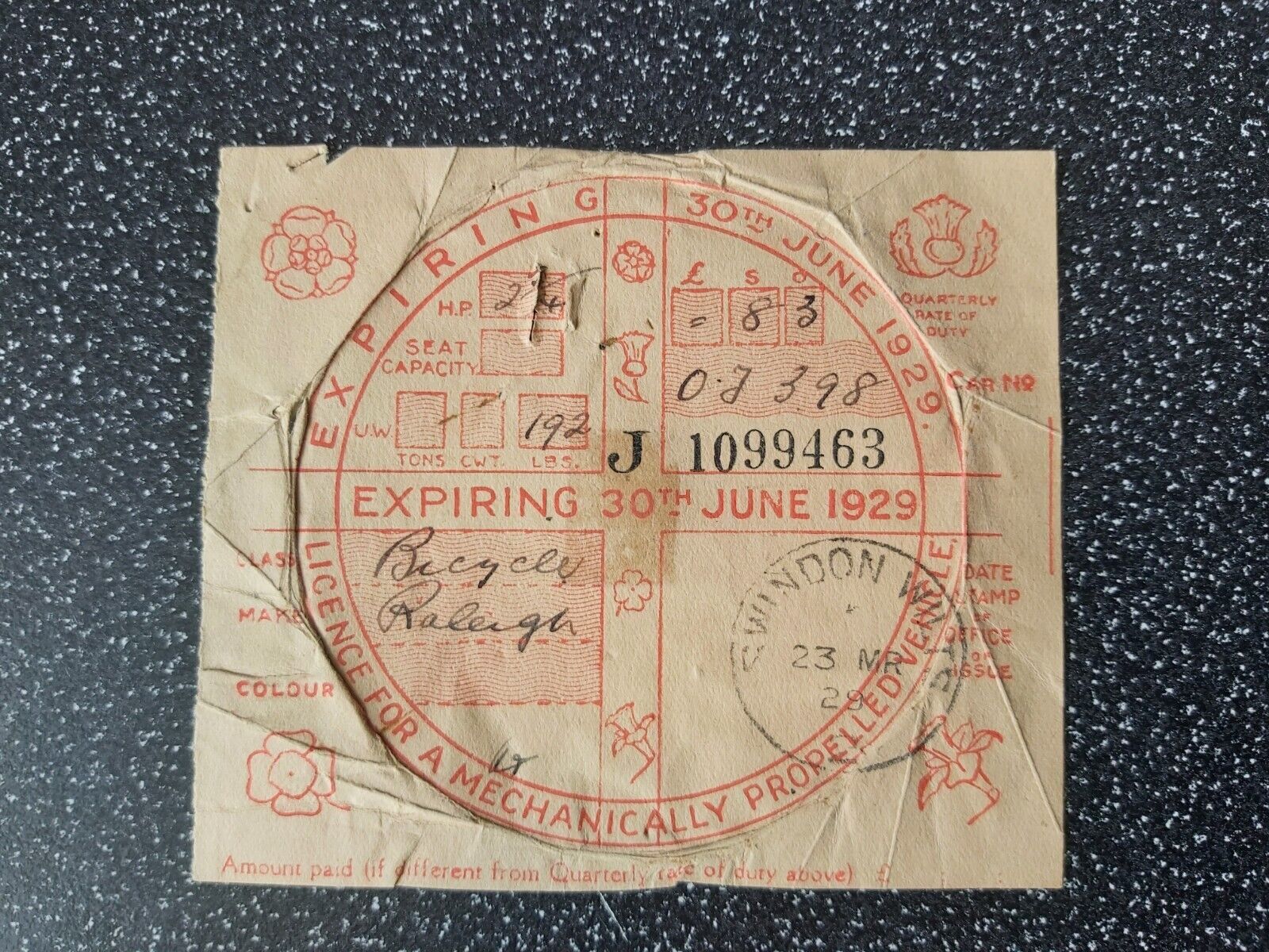 1929 Road Tax Disc ☆ Raleigh M/Cycle ☆ Selvedge ☆ OJ 398 ☆ Scarce & Collectable
