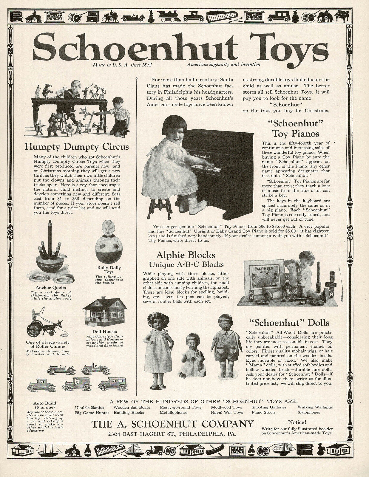 1920s Vintage Schoenhut Doll Wood Toy Piano Photo Print Ad LARGE