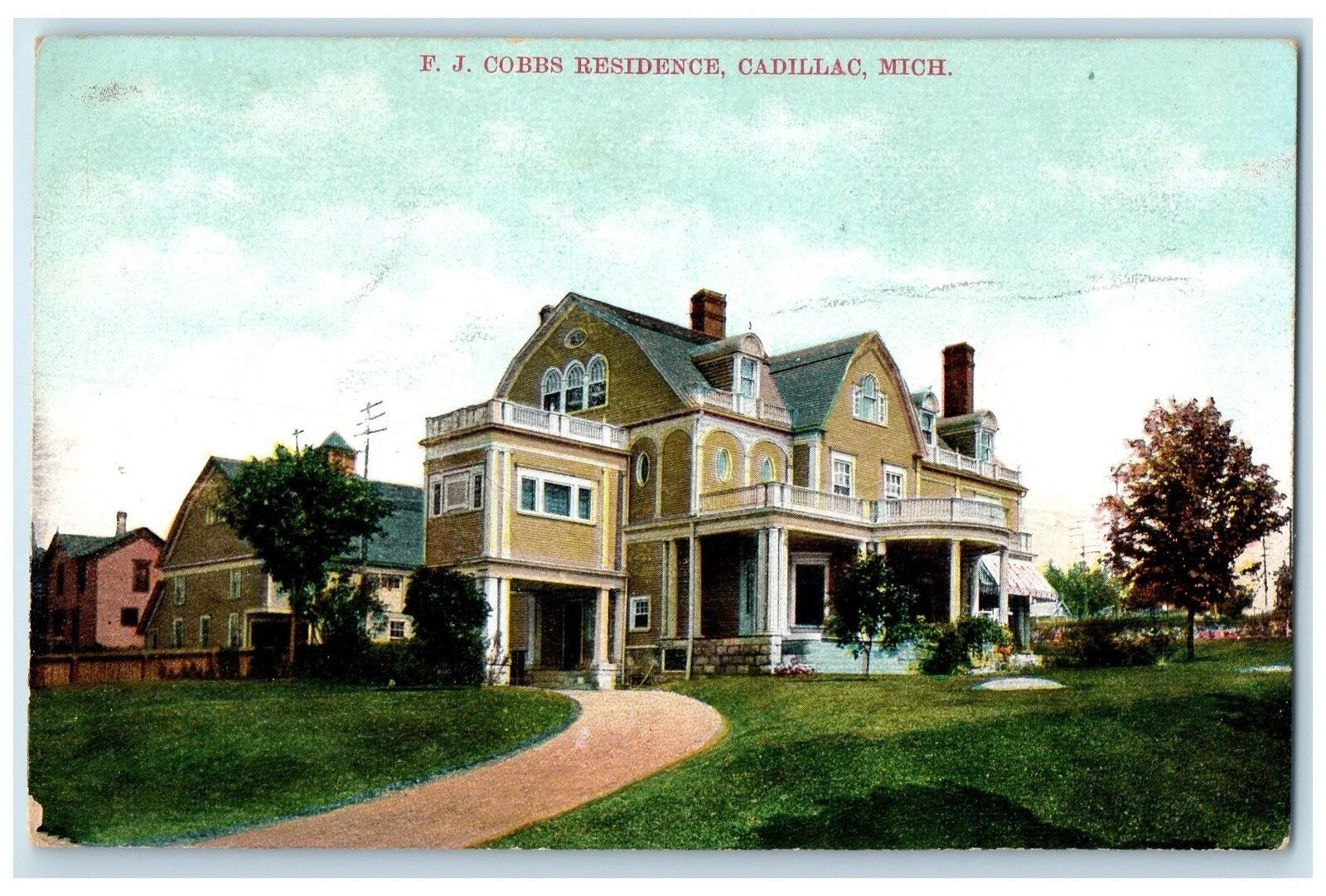 c1910s F. J. Cobbs Residence Exterior Roadside Cadillac Michigan MI Postcard