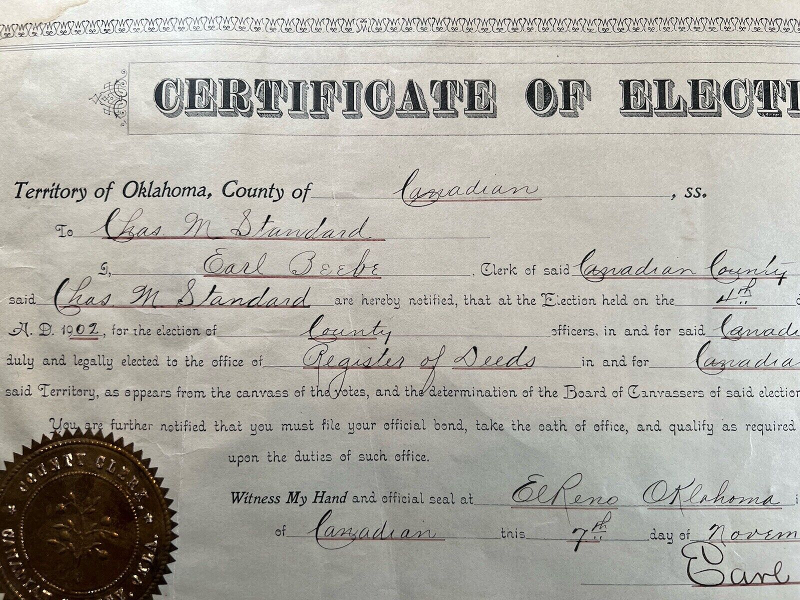 Rare 1902 Oklahoma Territory Certificate of Election Canadian County El Reno