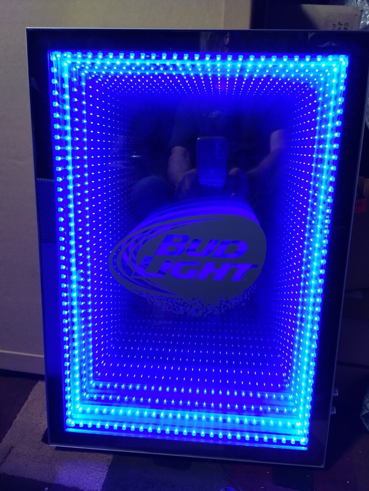 New In Box Bud Light Infinity Mirror Bar Sign LED Lights Sound Activated