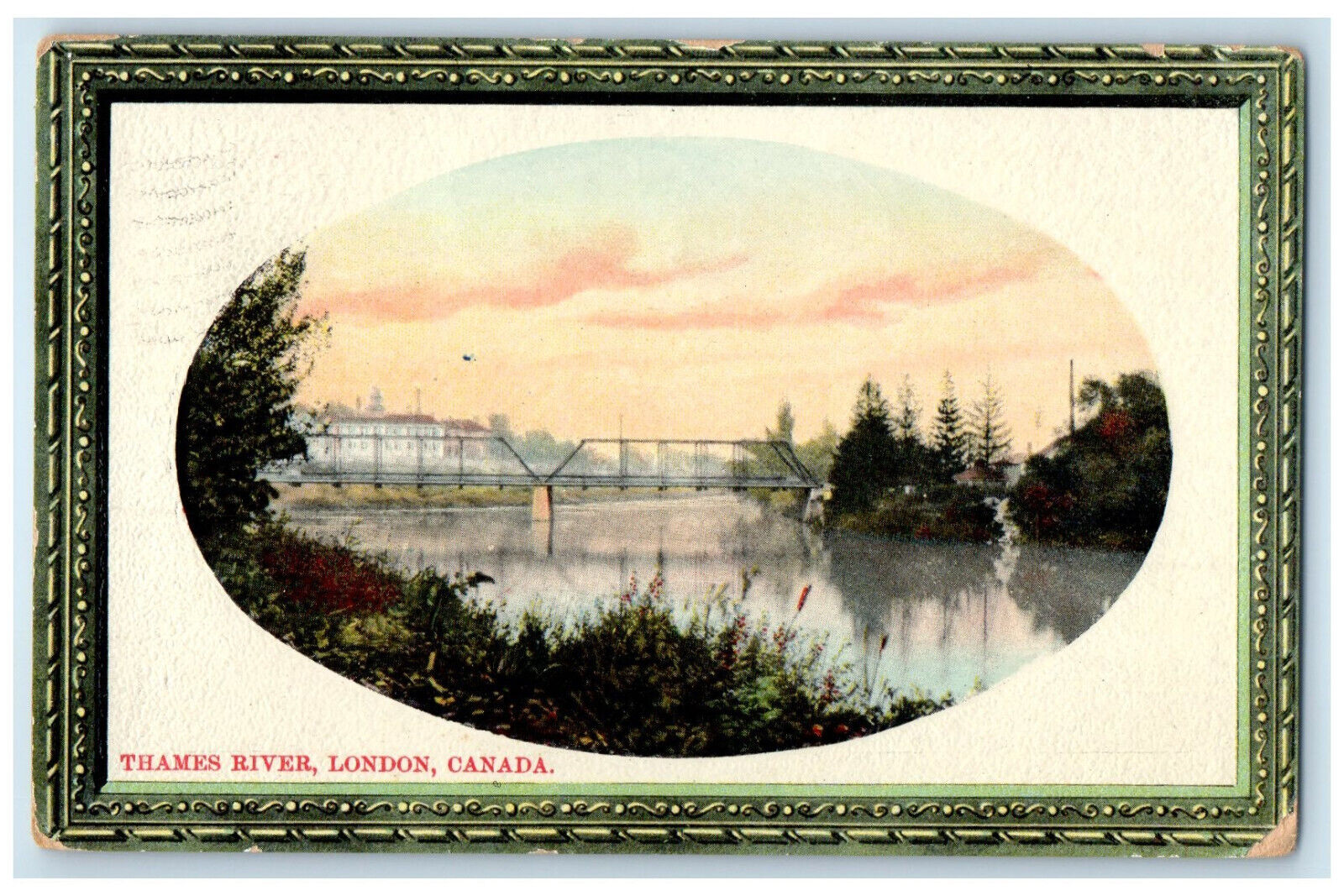 1922 Thames River Bridge London Ontario Canada Antique Art Border Postcard