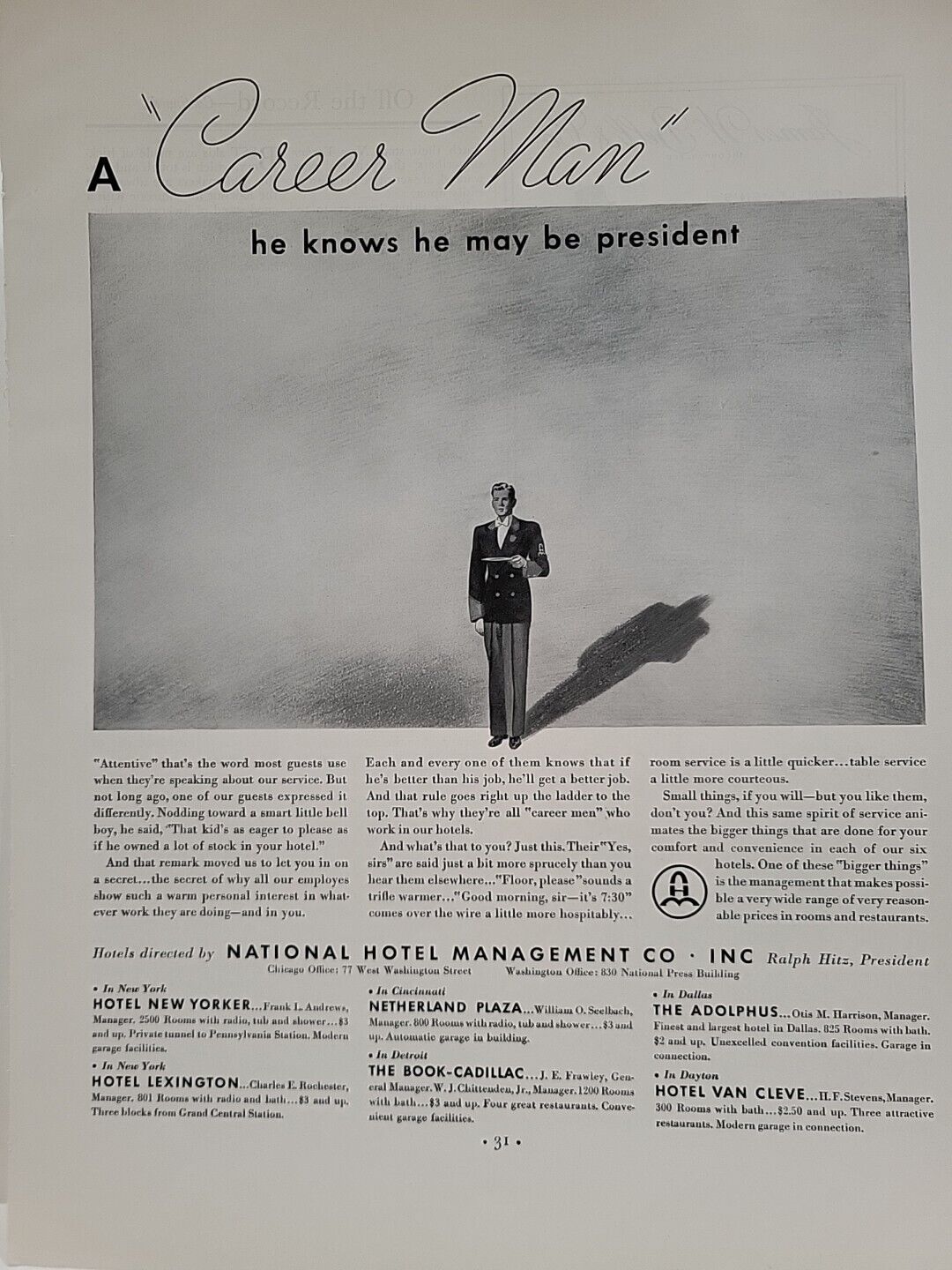 1935 National Hotel Management Co.  Fortune Magazine Print Ad \