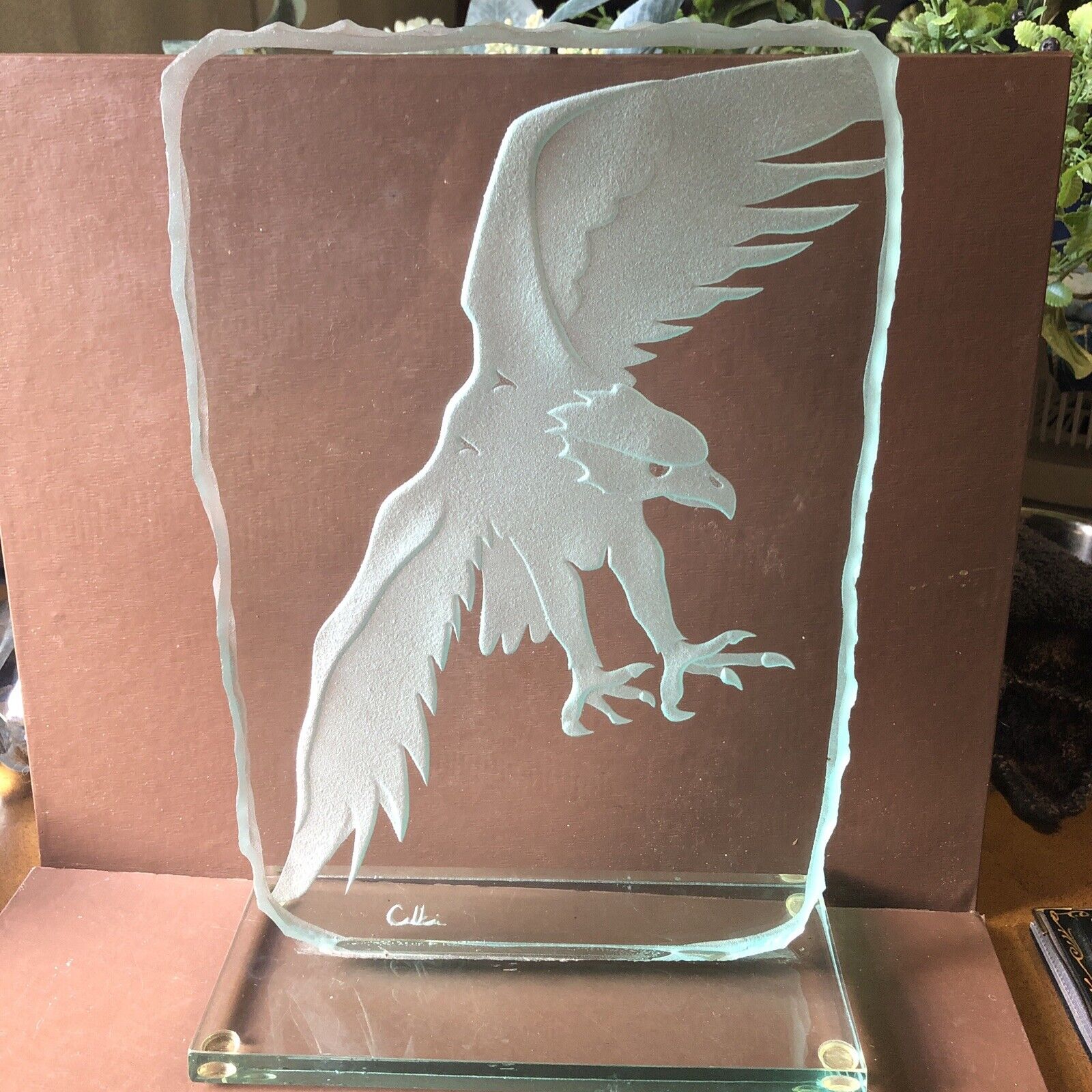 Stunning Etched Glass Fishing Eagle Statue 12x9”