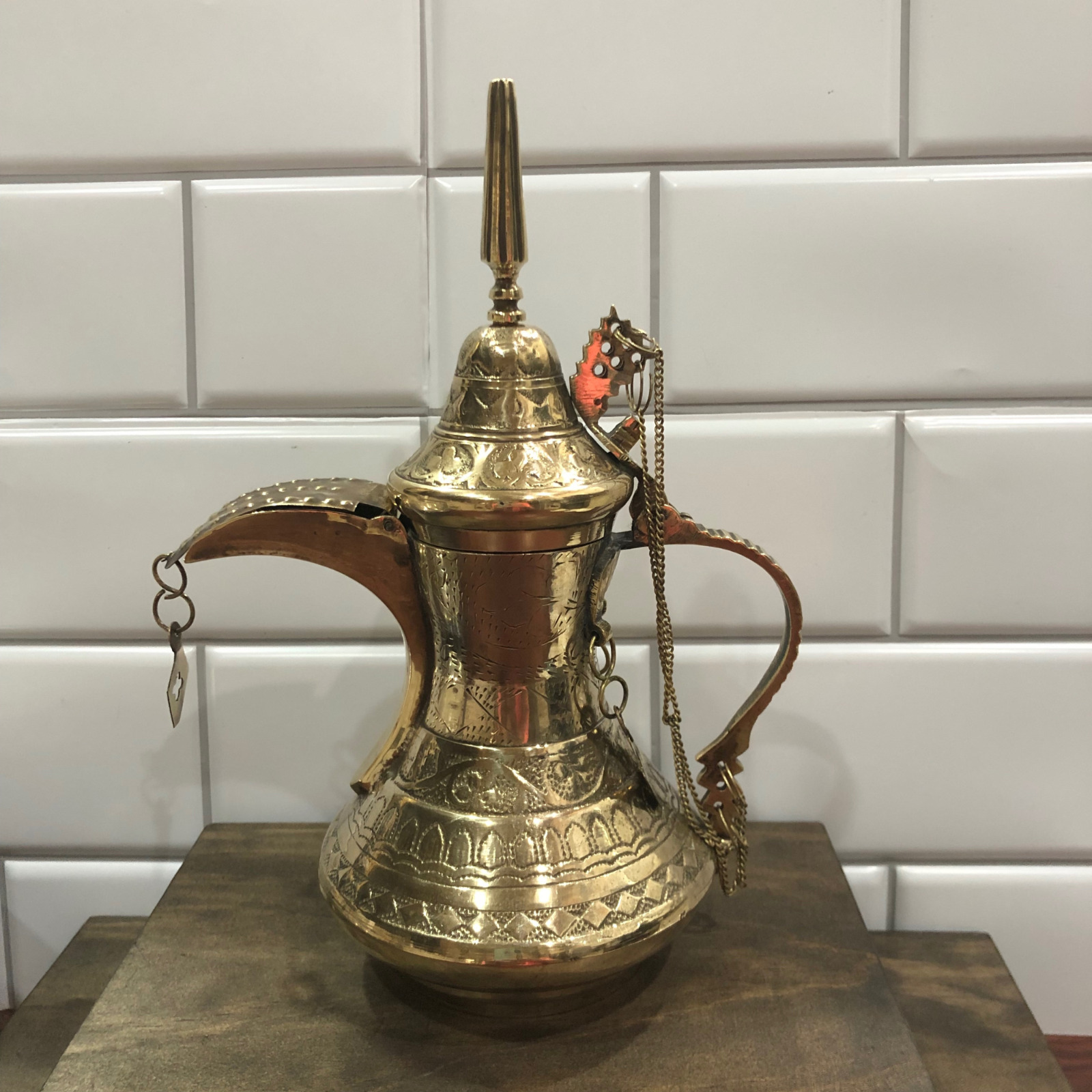 Vintage Brass Dallah Coffee Pot - Saudi Arabian Dubai - Intricate Carvings