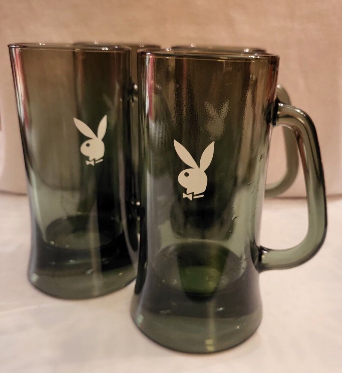 Vintage Mint 1960s Set of 4 Playboy Bunny Mugs Smokey Green Glass Never Used