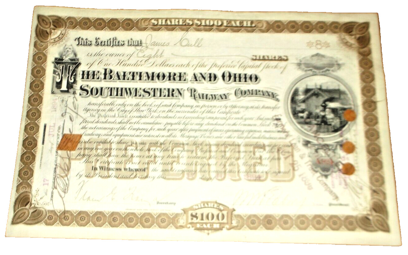 1894 BALTIMORE & OHIO SOUTHWESTERN RAILWAY PREFERRED STOCK CERTIFICATE