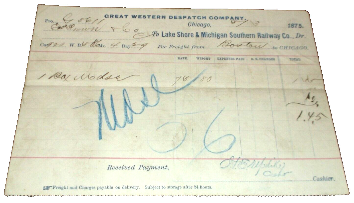 MAY 1875 LAKE SHORE & MICHIGAN SOUTHERN RAILWAY NYC FREIGHT RECEIPT
