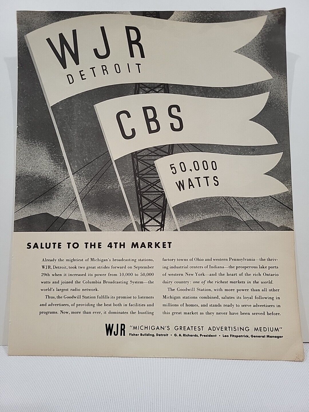 1935 WJR Detroit Radio Fortune Magazine Print Advertising Flags Tower Michigan