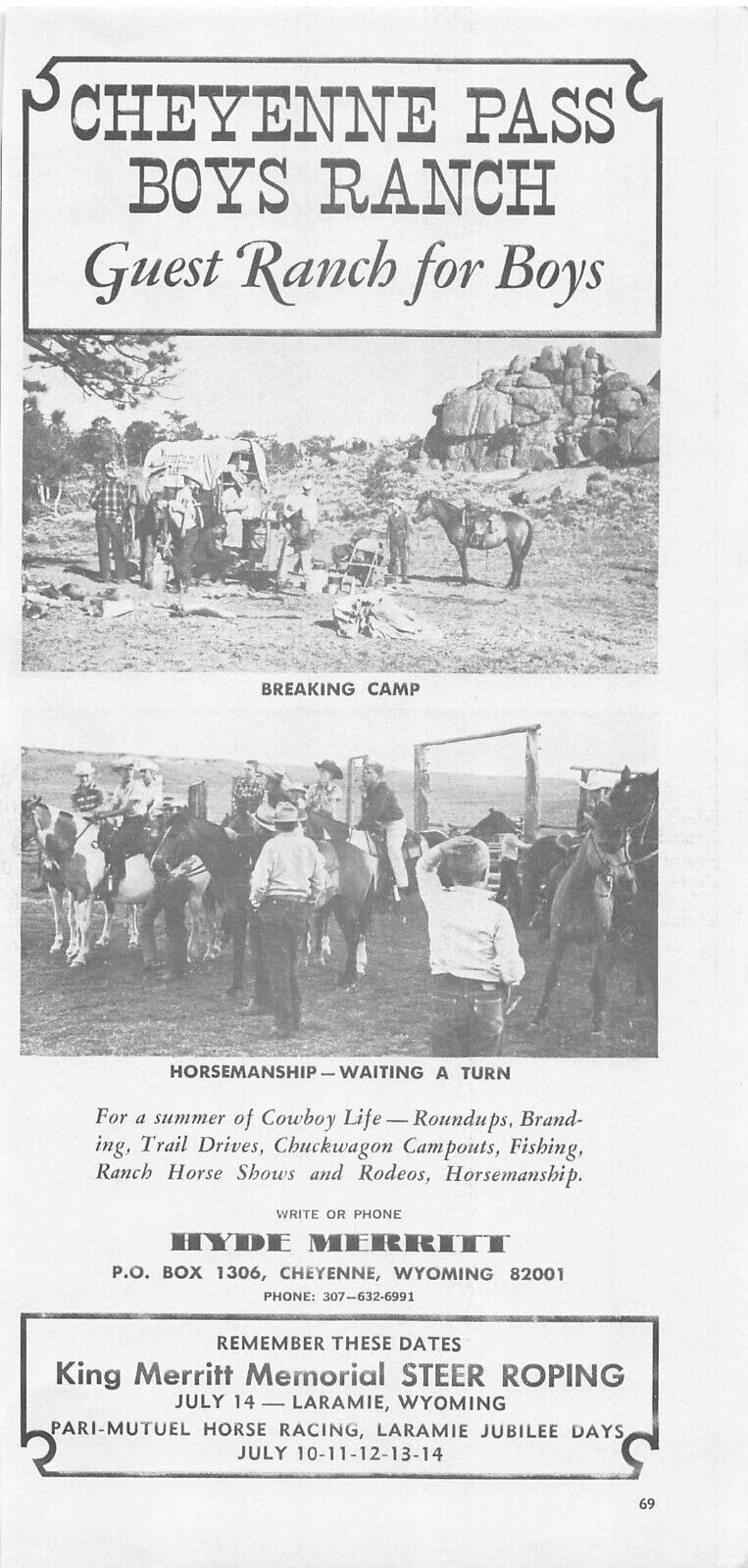 Cheyenne Pass Boys Ranch Hyde Merritt Wyoming Vintage Magazine Print Ad