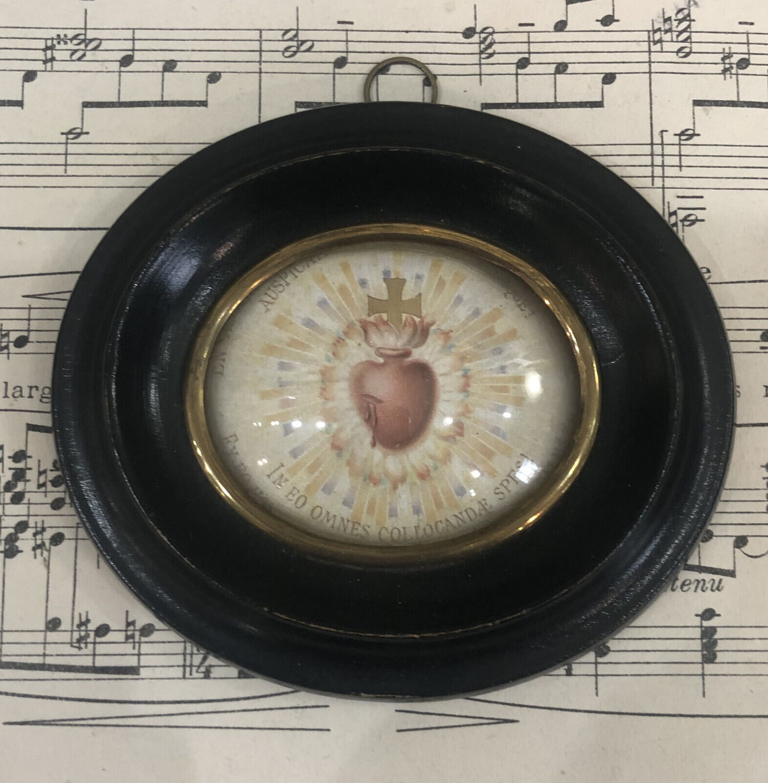 Rare Small Antique French Reliquary / Ex Voto Sacred Heart Domed Glass c1880