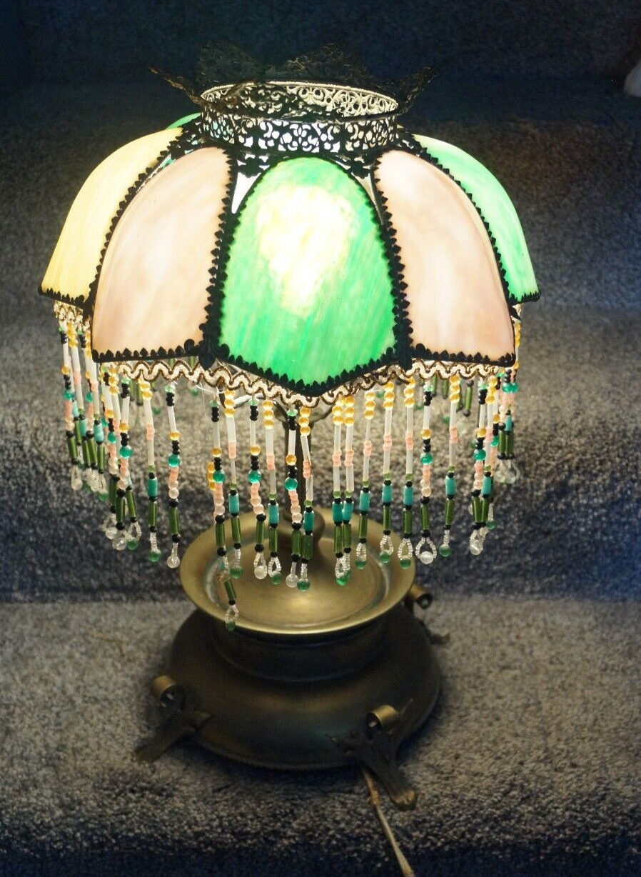 Antique C 1910 Art Nouveau Slag Glass Lamp - Arts & Crafts - RARE COLORS - READ