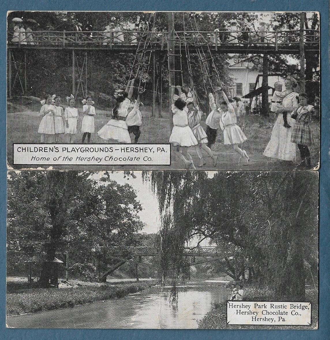 92     2 Vint 1910 Undersized Postcards Hershey Park Pa Playground Rustic Bridge