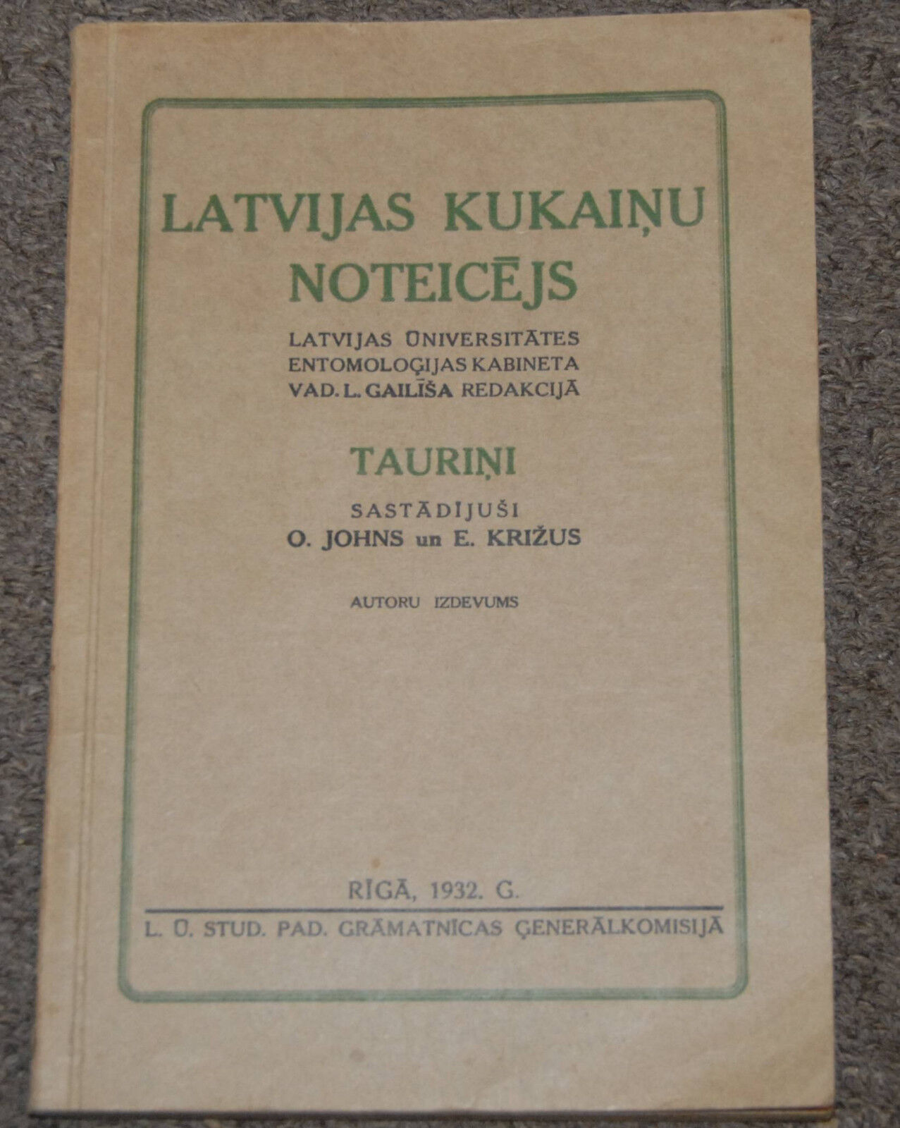 LATVIA ENTOMOLOGY INSECTS DIRECTORY BOOK, VOLUME BUTTERFLIES 1932 LU LATVIAN