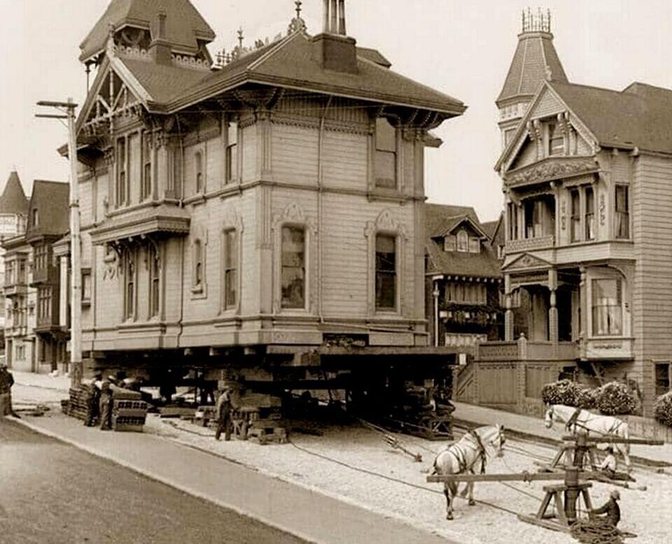 1908 San Francisco MOVING A HOUSE W/ HORSES Retro Historic Picture Photo 5x7