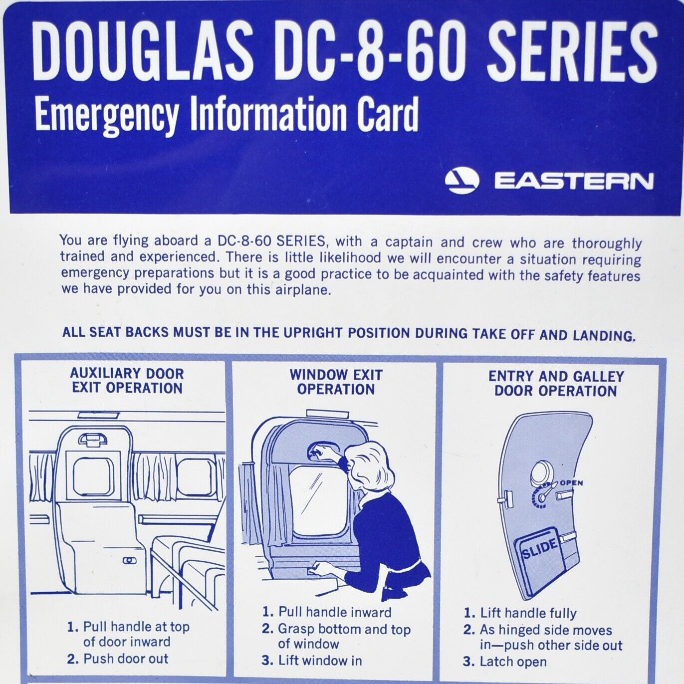 Vintage 1968 Douglas DC-8-60 Eastern Airline Aircraft Emergency Information Card