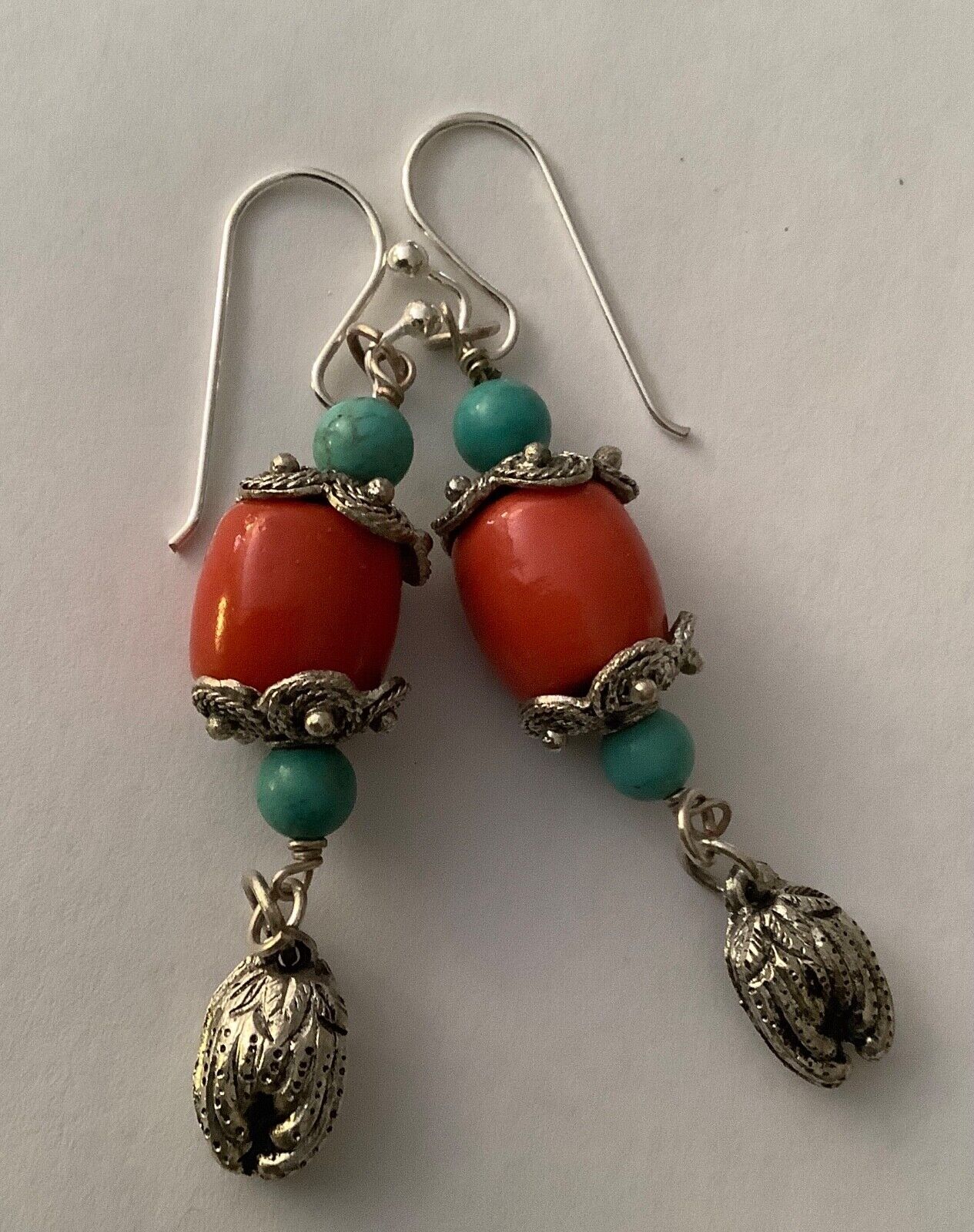 VINTAGE CHINESE STERLING SILVER CORAL TURQUOISE DROP PIERCED EARRINGS