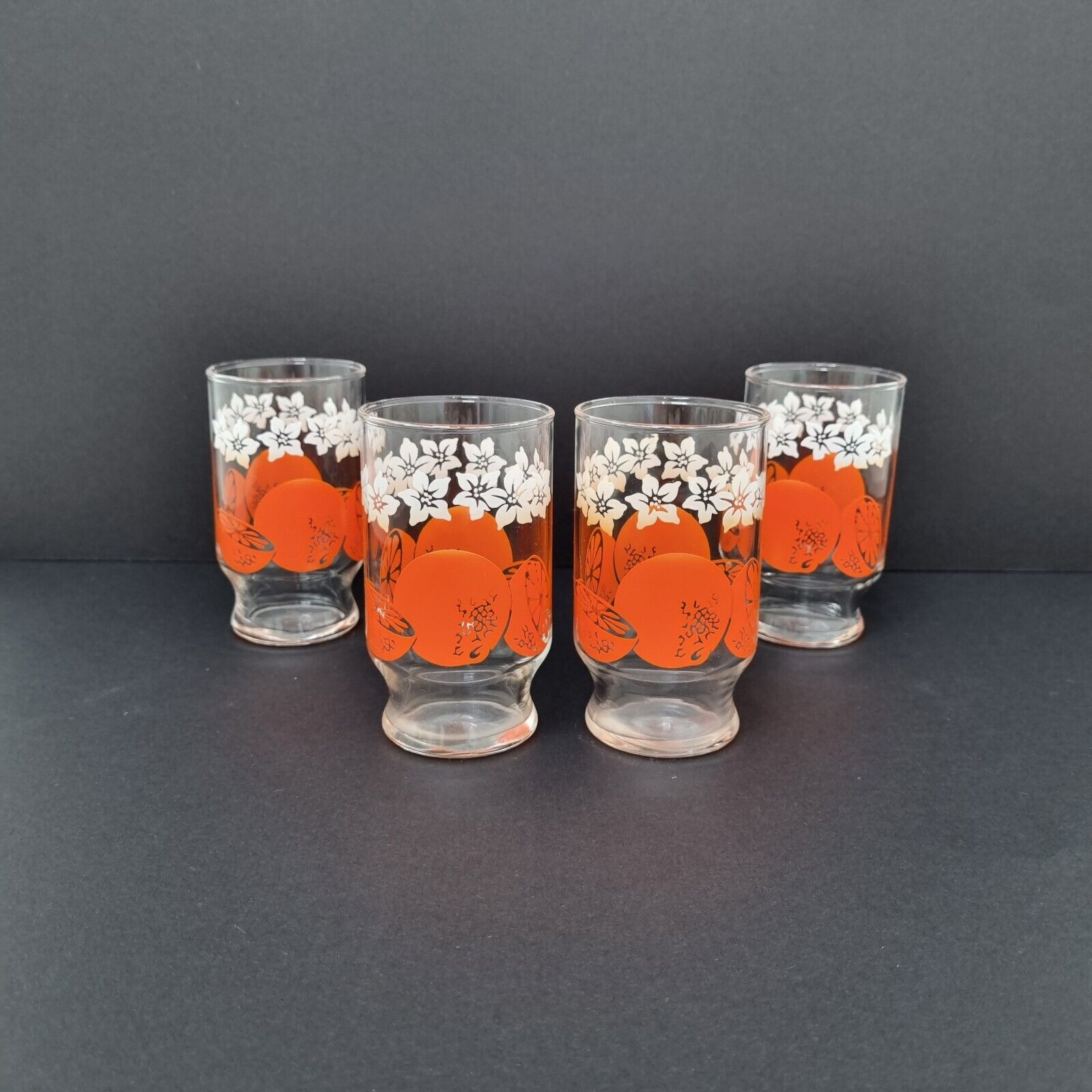 Vintage Anchor Hocking Orange Juice Blossom Drinking Glasses Set Of 4 VGC