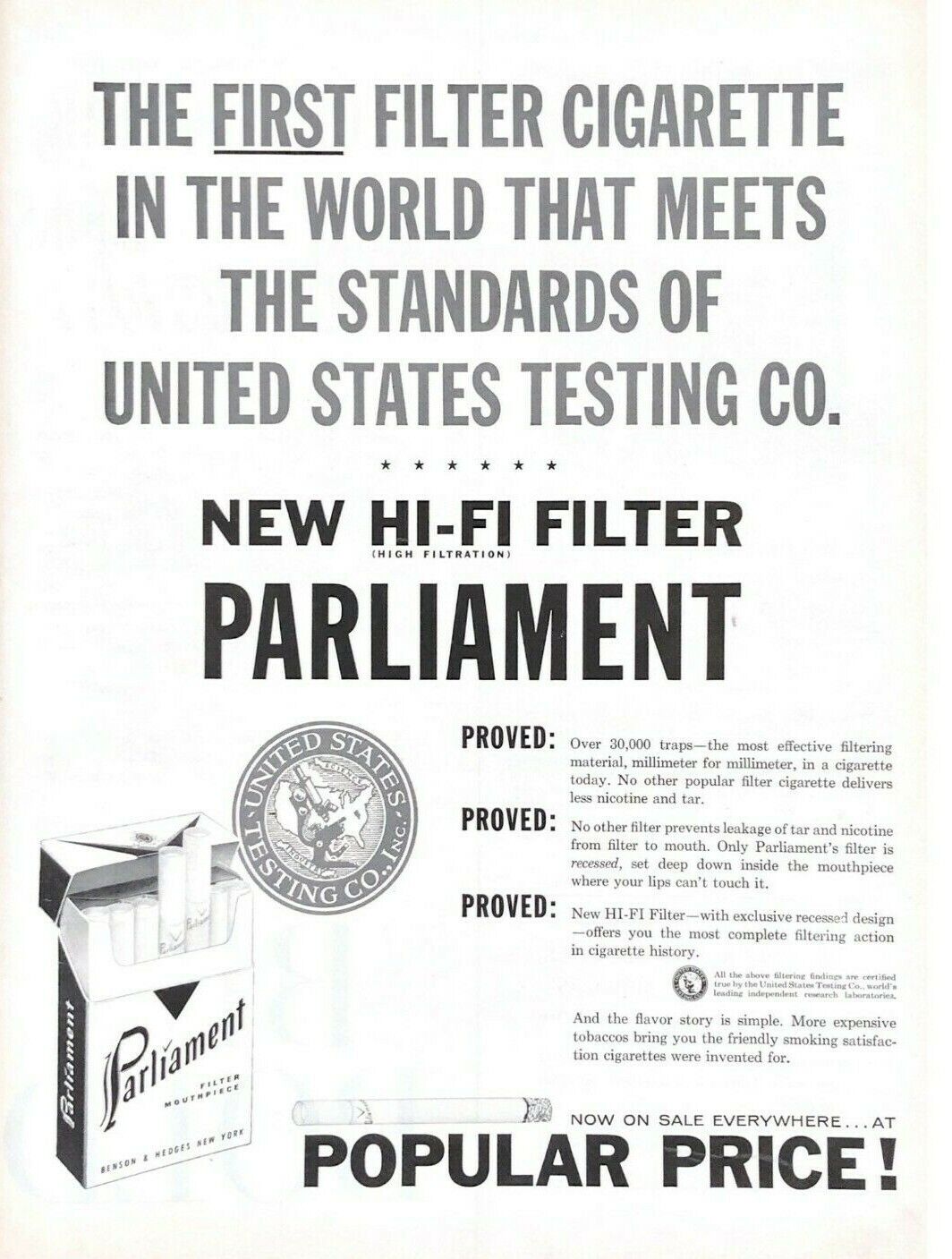 1958 Parliament Cigarettes Vintage Print Ad New Hi-Fi Filter US Testing Approved
