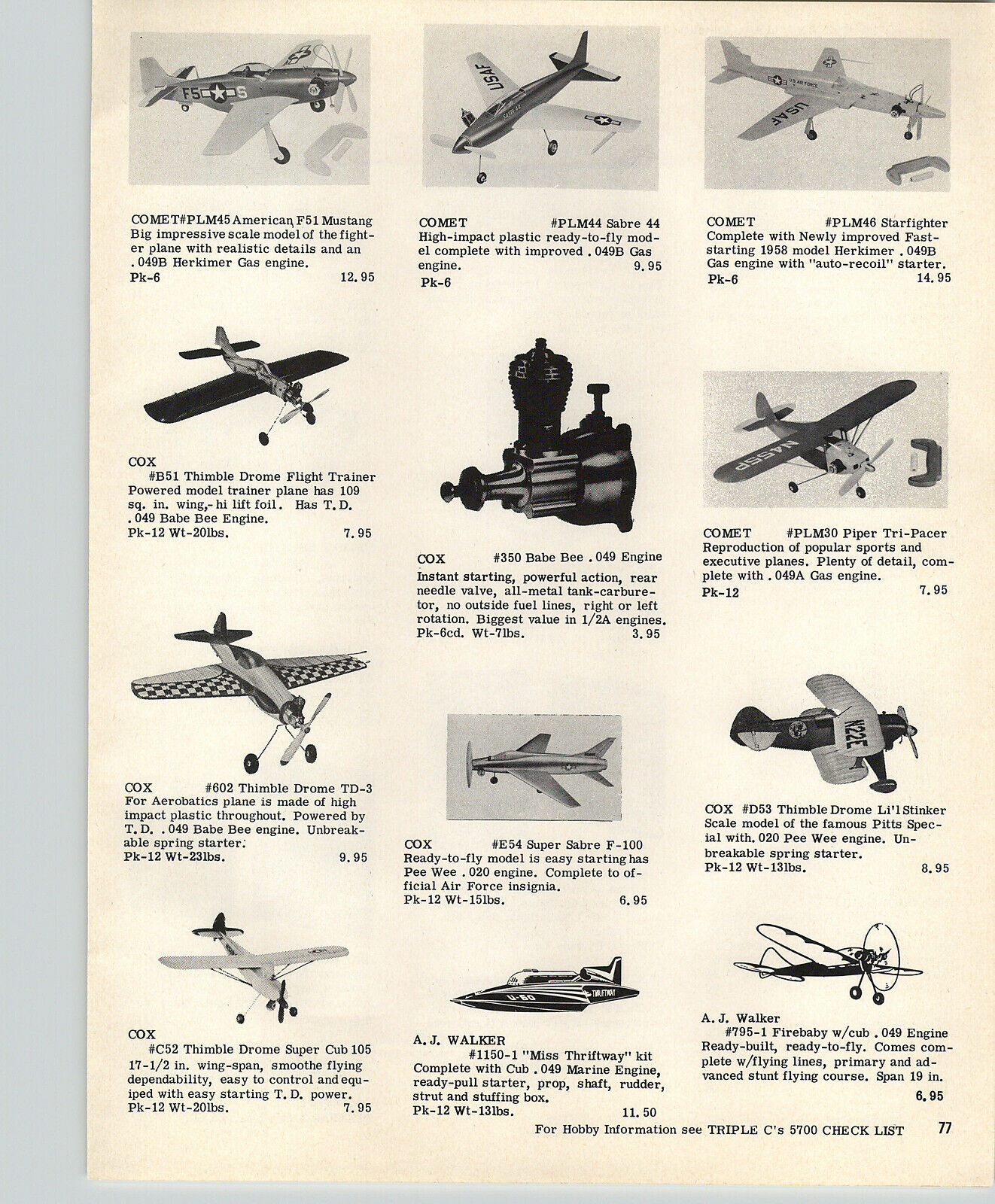 1958  Paper Ad Plane Cox Thimble Drome TD-3 .049 Gas Engine Walker Thriftaway