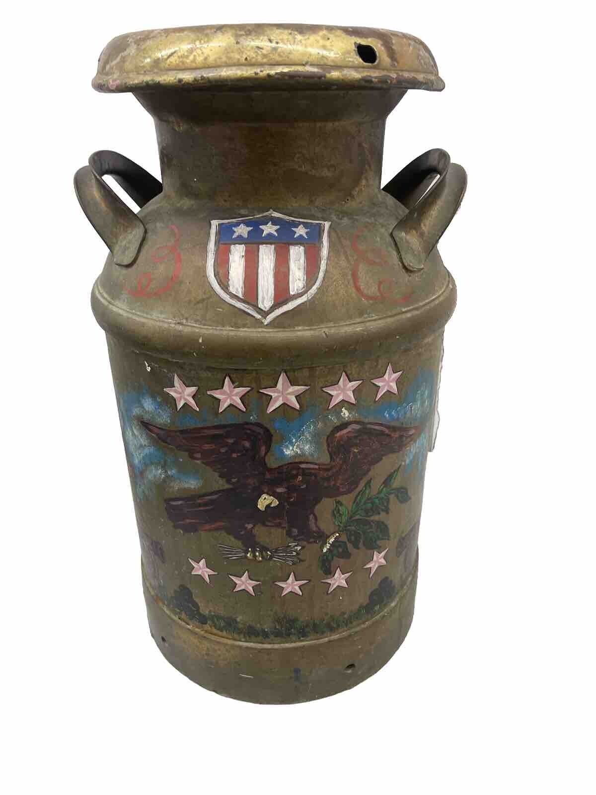 Antique Dairy Milk Can & Lid  Art Eagle American Flag