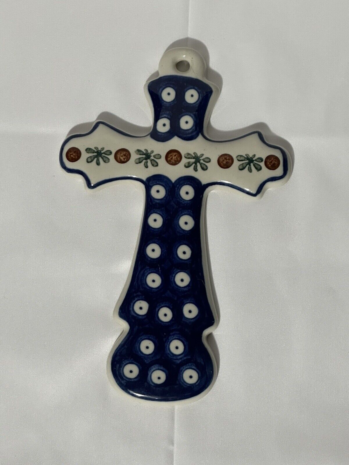 Handmade In Poland Pottery Cross 8”x5” Hanging