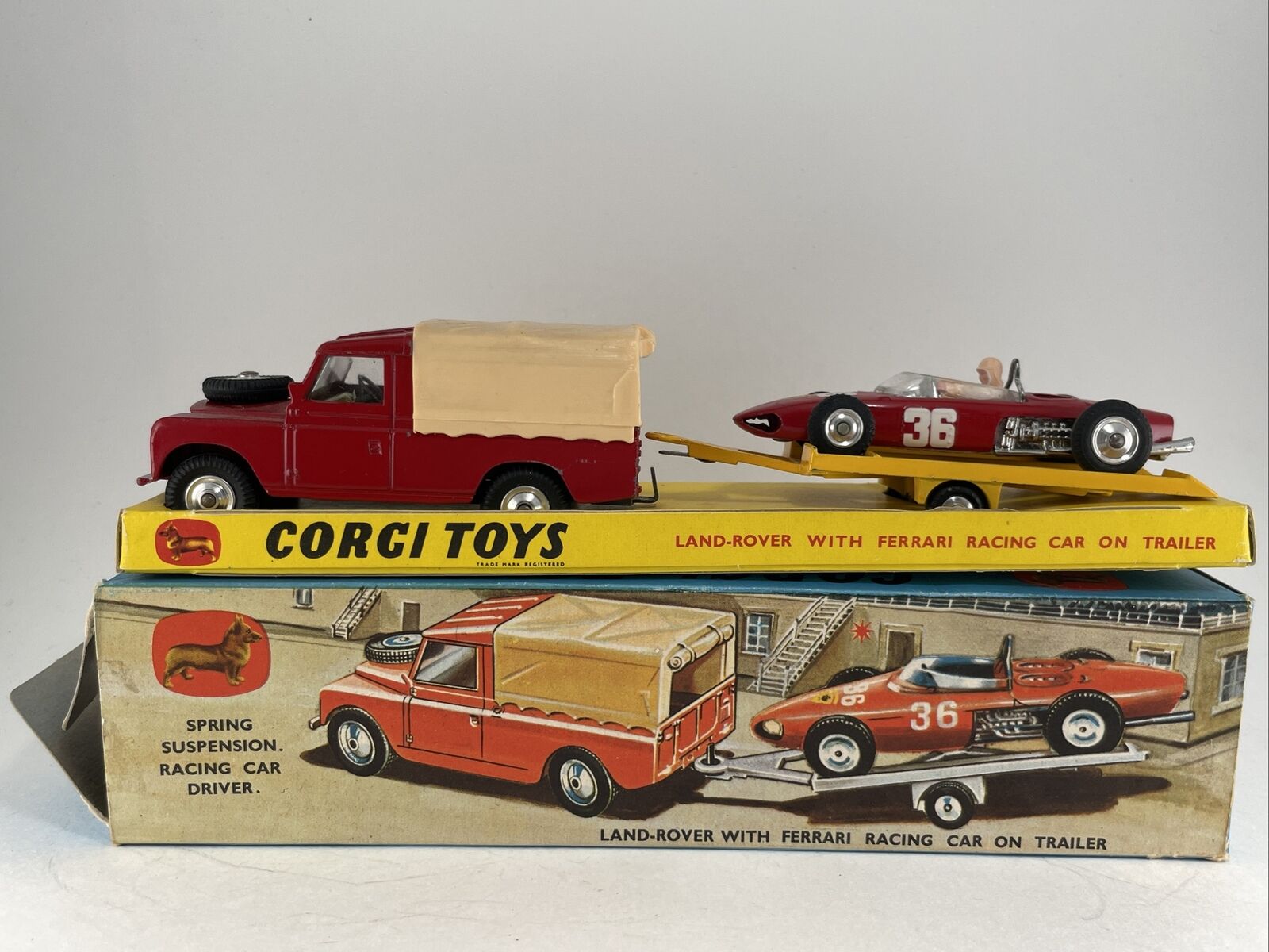 Vintage Corgi Toys Gift Set No 17 RED LAND ROVER w FERRARI RACING CAR ON TRAILER