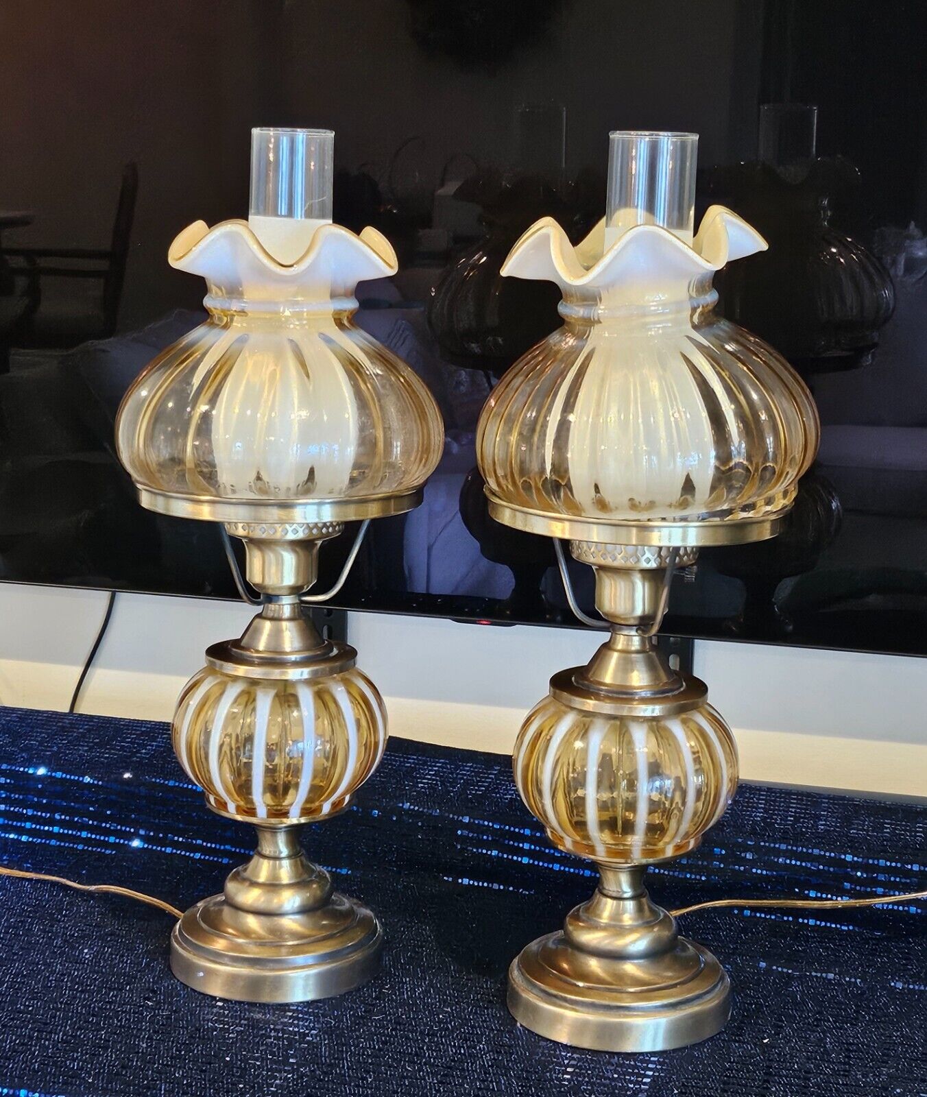 Rare Fenton glass lamps in beautiful caramel stripe