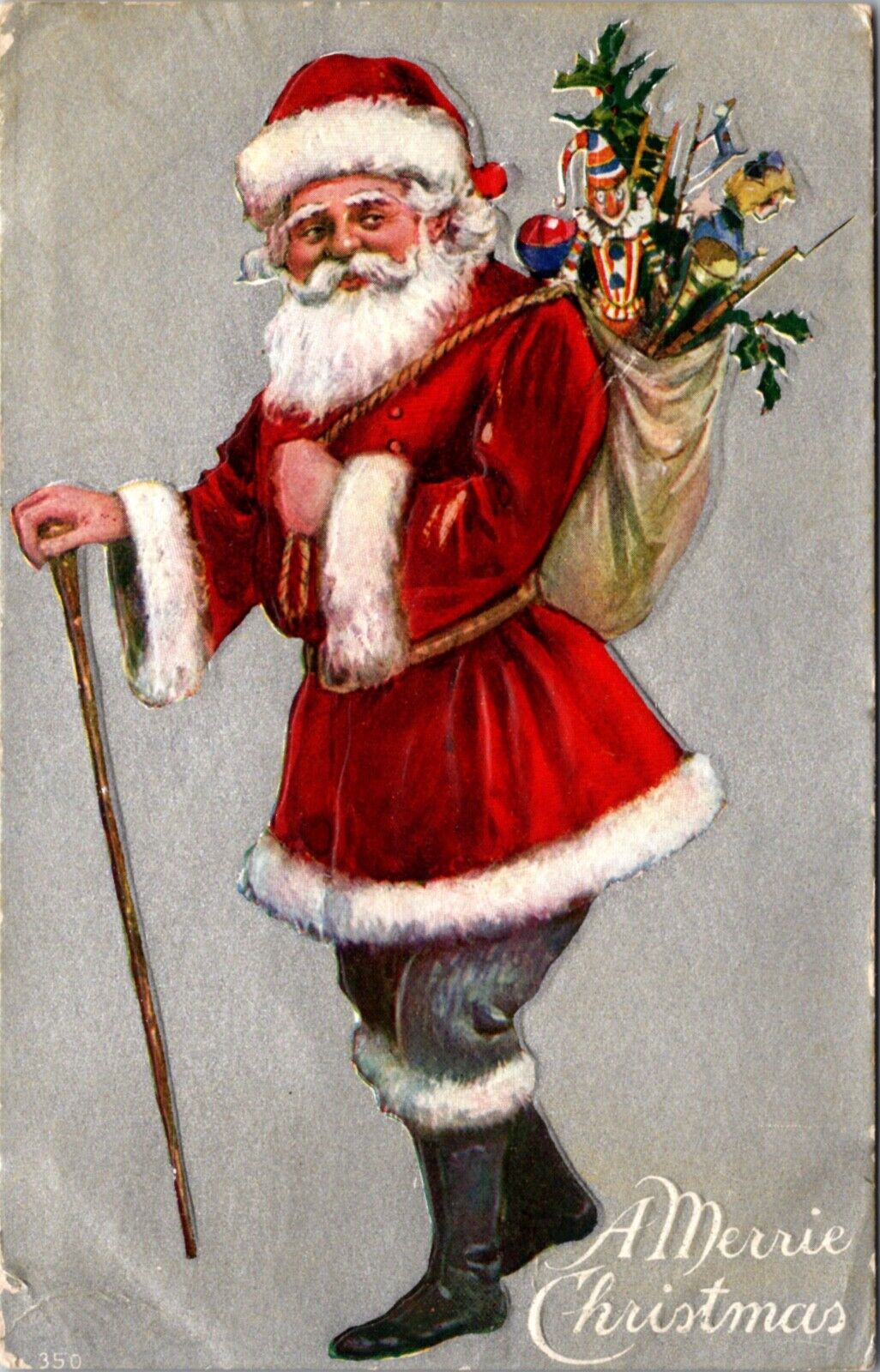 Christmas Postcard Santa Claus Carrying Bag of Toys Using a Walking Stick