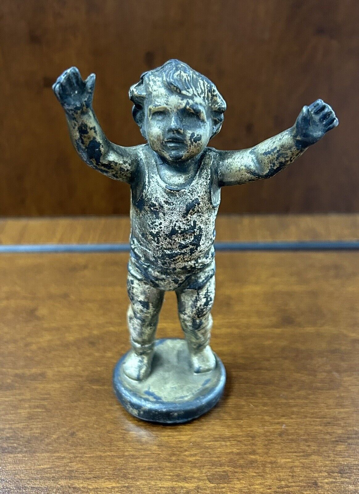 Vintage Or Antique Child Infant ‘Pick Me Up’ Metal Statue Figurine 4-3/8”
