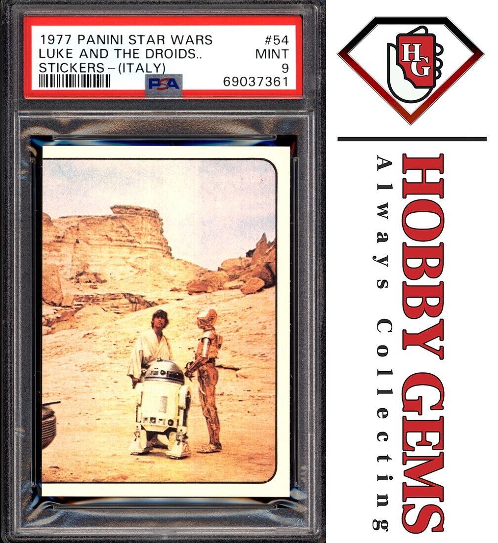 LUKE SKYWALKER R2-D2 C3PO PSA 9 1977 Star Wars Panini Italy Sticker #54